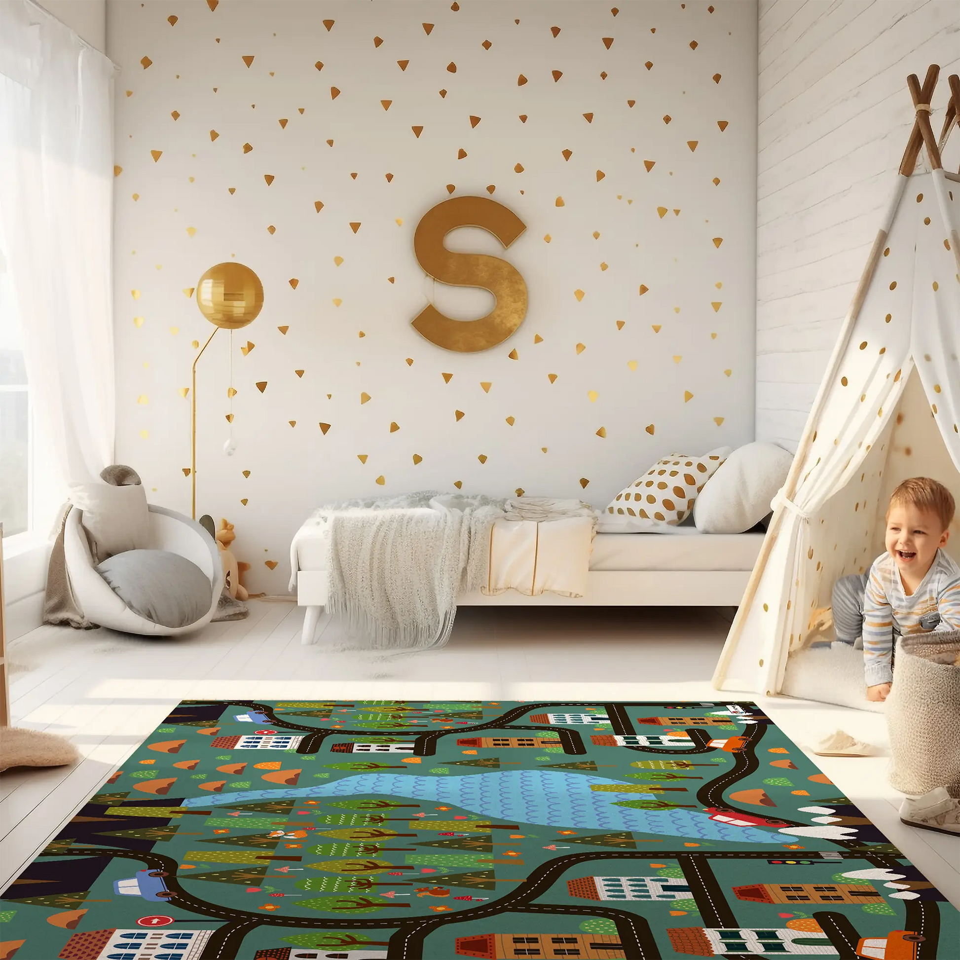 Spielteppich "Schwarzwald" von spielzwerg. Ambientebild von einem hellen Kinderzimmer mit weißem Holzboden und weißen Wänden, dekoriert mit goldenen Dreiecken und einem großen goldenen Buchstaben 'S'. Links steht ein gemütlicher Sessel mit Kissen und Decke, daneben eine goldene Stehlampe. In der Mitte liegt der Teppich. Rechts sitzt ein lachender Junge in einem weißen Spielzelt mit goldenen Punkten. Im Hintergrund ein schlichtes Bett mit weißer Decke und goldenen Akzenten. RUG-00197-XL, RUG-00197-L.