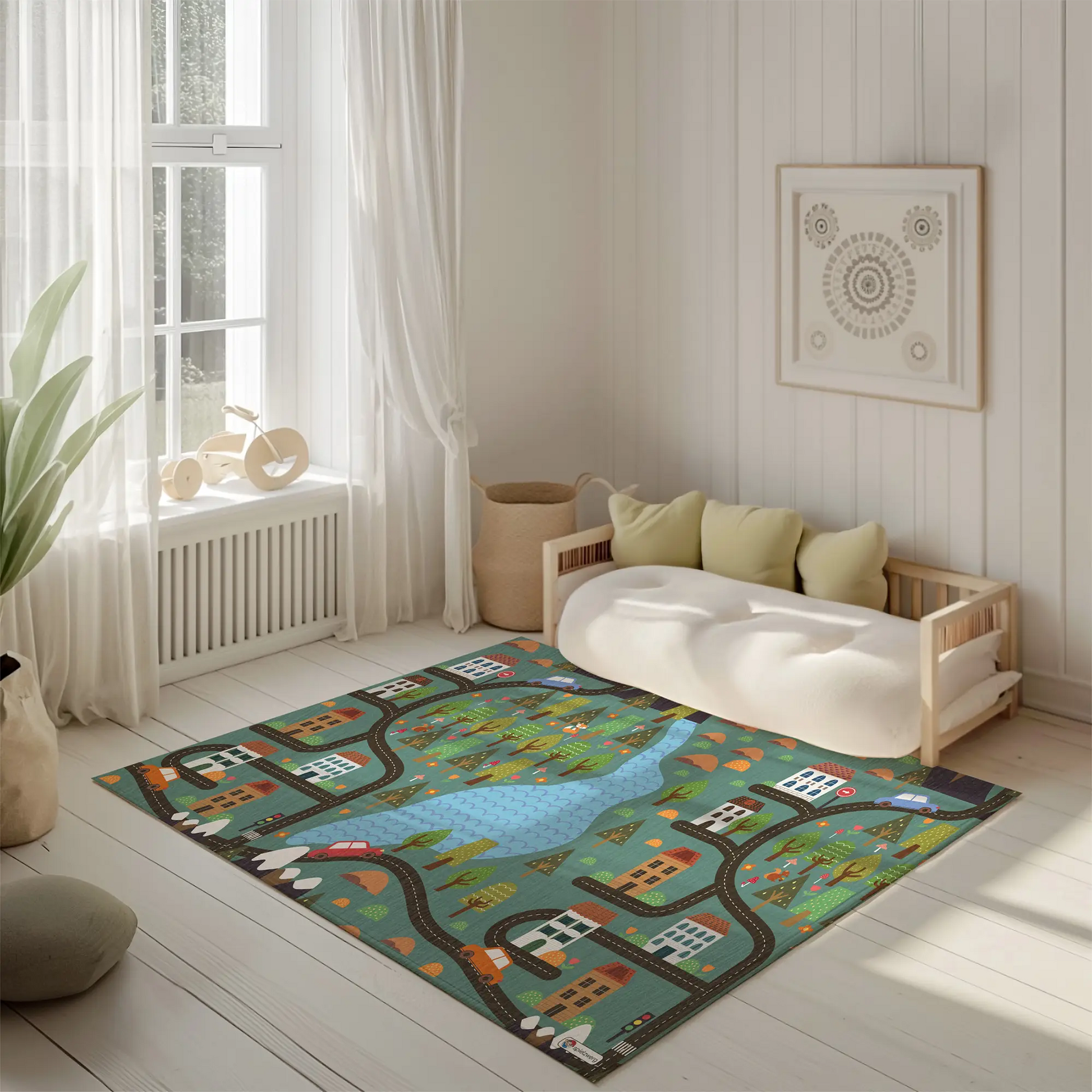 Spielteppich "Schwarzwald" von spielzwerg. Ambientebild von einem hellen, freundlichen Kinderzimmer mit weißen Holzwänden und hellem Holzboden. In der Ecke steht ein niedriges Holzbett mit weißen Decken und hellgrünen Kissen. Davor liegt der Teppich. Links steht ein kleines Holzspielzeugrad am Fenster mit weißen Vorhängen. An der Wand hängt ein gerahmtes Bild mit einem dezenten, kreisförmigen Muster. RUG-00197-XL, RUG-00197-L.