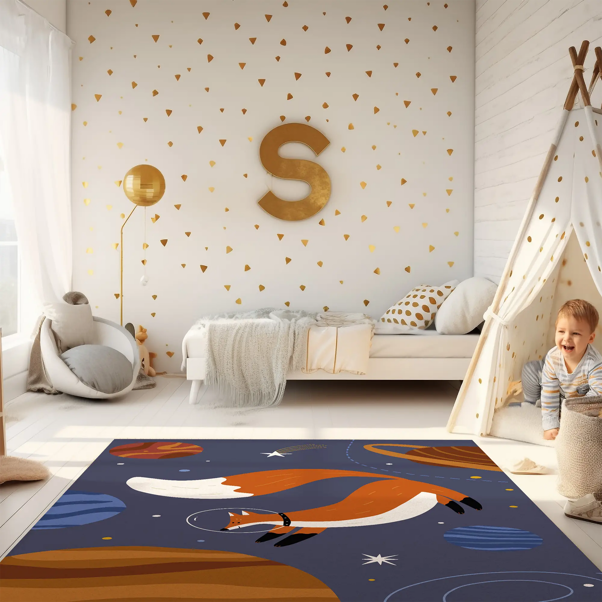 Kinderteppich "Fuchs im All" von spielzwerg. Ambientebild von einem hellen Kinderzimmer mit weißem Holzboden und weißen Wänden, dekoriert mit goldenen Dreiecken und einem großen goldenen Buchstaben 'S'. Links steht ein gemütlicher Sessel mit Kissen und Decke, daneben eine goldene Stehlampe. In der Mitte liegt der Teppich. Rechts sitzt ein lachender Junge in einem weißen Spielzelt mit goldenen Punkten. Im Hintergrund ein schlichtes Bett mit weißer Decke und goldenen Akzenten. RUG-00026-XL, RUG-00026-L.