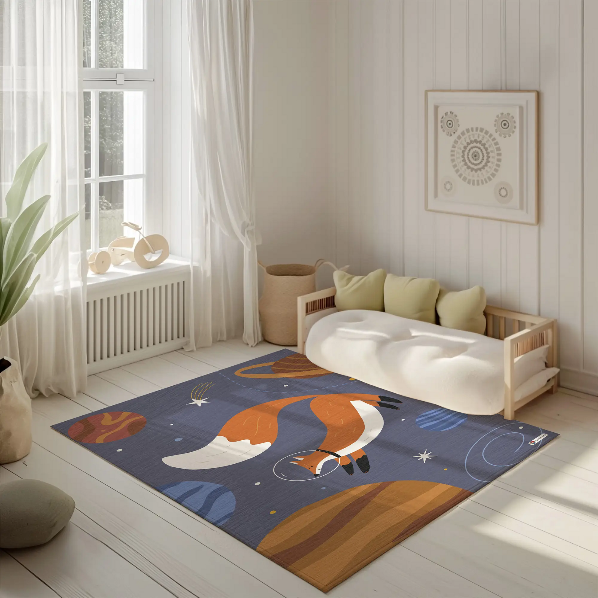 Kinderteppich "Fuchs im All" von spielzwerg. Ambientebild von einem hellen, freundlichen Kinderzimmer mit weißen Holzwänden und hellem Holzboden. In der Ecke steht ein niedriges Holzbett mit weißen Decken und hellgrünen Kissen. Davor liegt der Teppich. Links steht ein kleines Holzspielzeugrad am Fenster mit weißen Vorhängen. An der Wand hängt ein gerahmtes Bild mit einem dezenten, kreisförmigen Muster. RUG-00026-XL, RUG-00026-L.