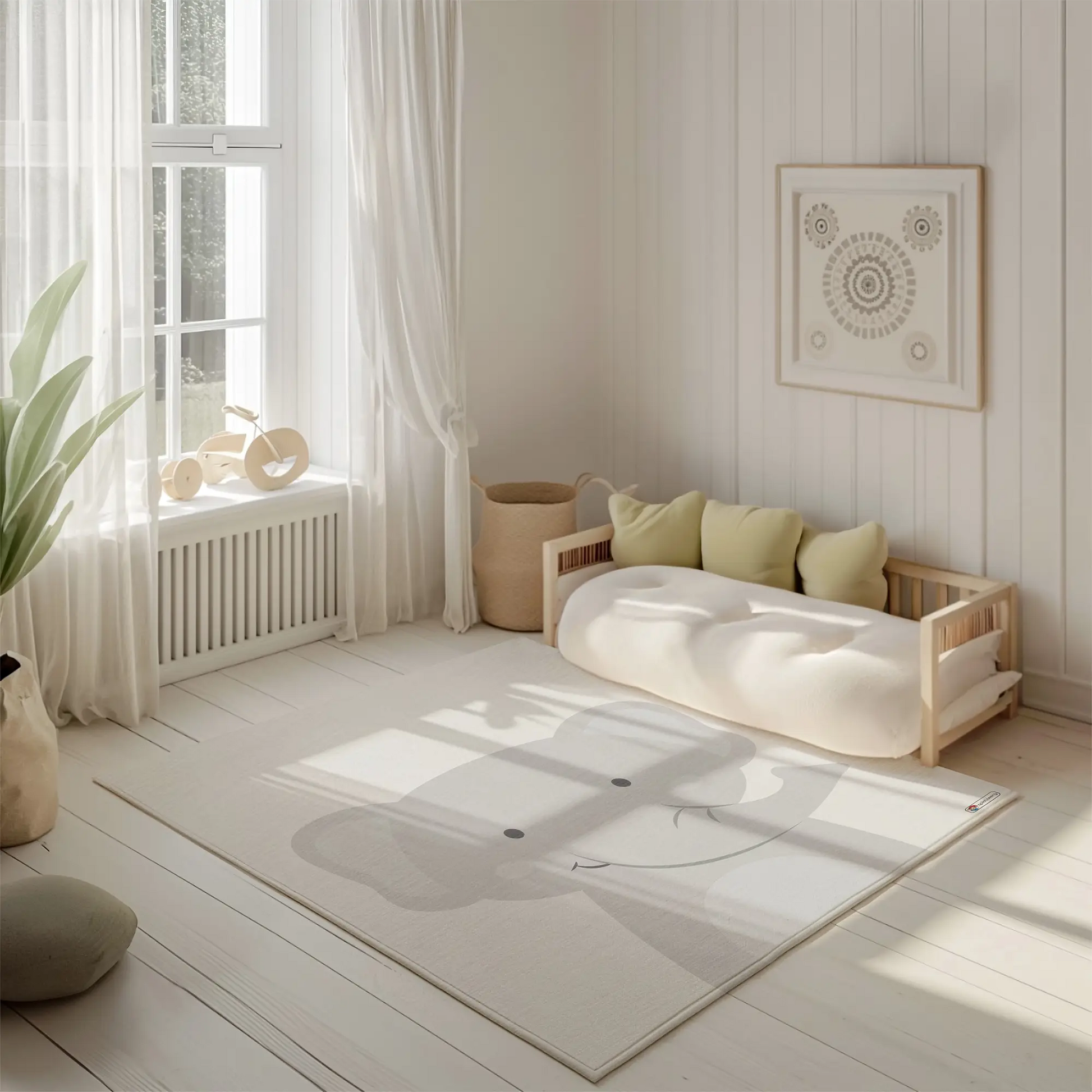 Kinderteppich „Kleiner Elefant“ von spielzwerg. Ambientebild von einem hellen, freundlichen Kinderzimmer mit weißen Holzwänden und hellem Holzboden. In der Ecke steht ein niedriges Holzbett mit weißen Decken und hellgrünen Kissen. Davor liegt der Teppich. Links steht ein kleines Holzspielzeugrad am Fenster mit weißen Vorhängen. An der Wand hängt ein gerahmtes Bild mit einem dezenten, kreisförmigen Muster. RUG-00196-XL, RUG-00196-L.