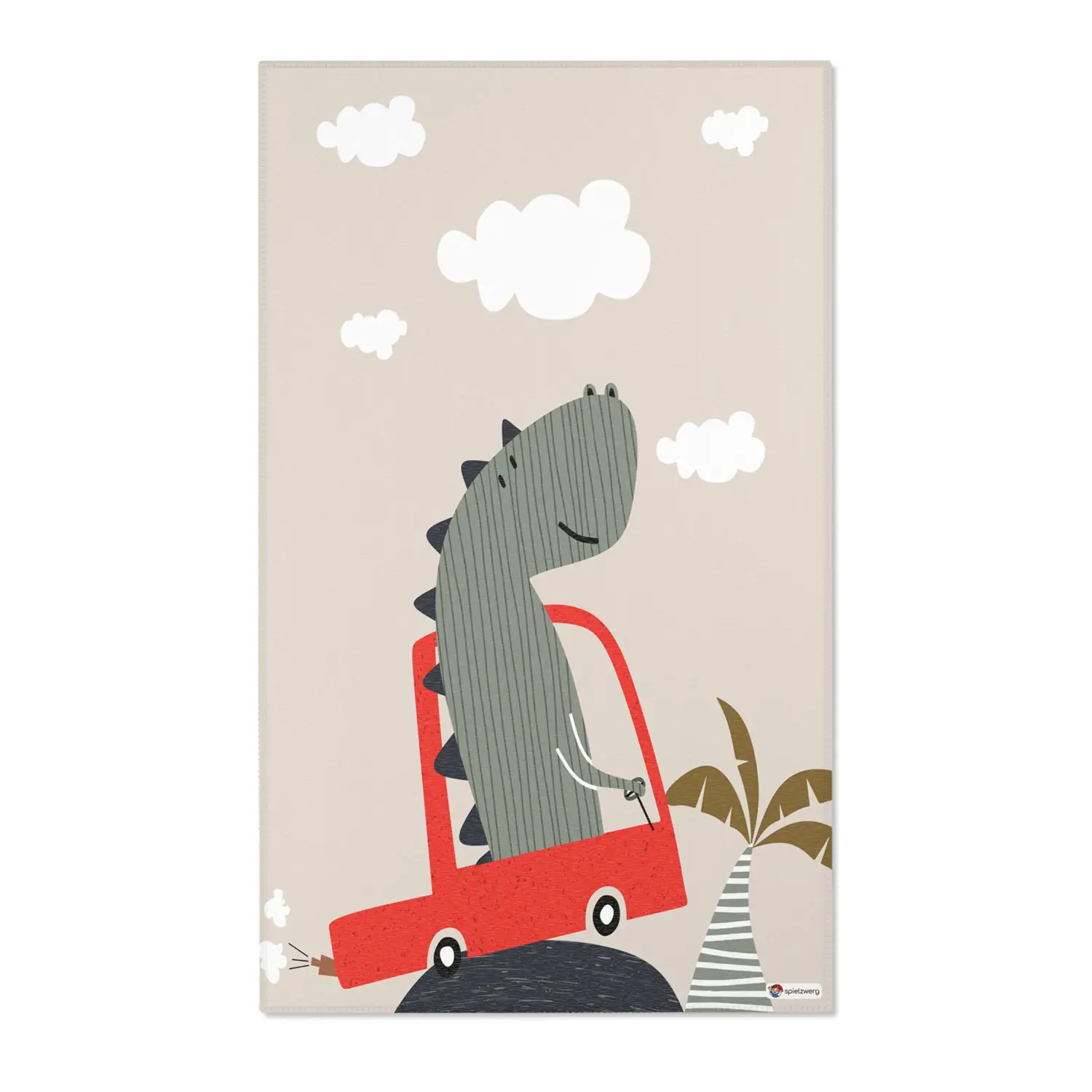 Kinderteppich "Dino im Auto" von spielzwerg. Frontansicht von vorne. Größe L 150x90 cm.
