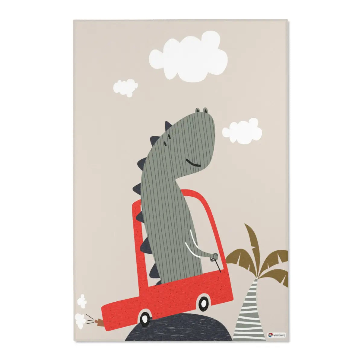 Kinderteppich "Dino im Auto" von spielzwerg. Frontansicht von vorne.