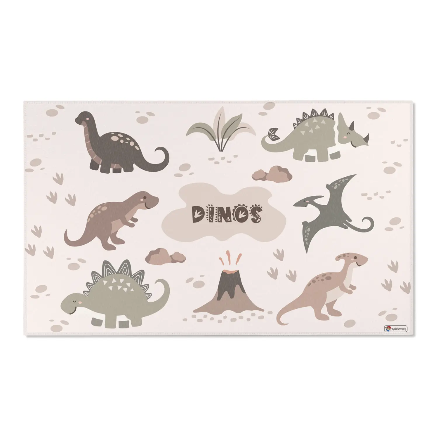 Kinderteppich "Niedliche Dinos" von spielzwerg. Frontansicht von vorne. Größe L 150x90 cm.