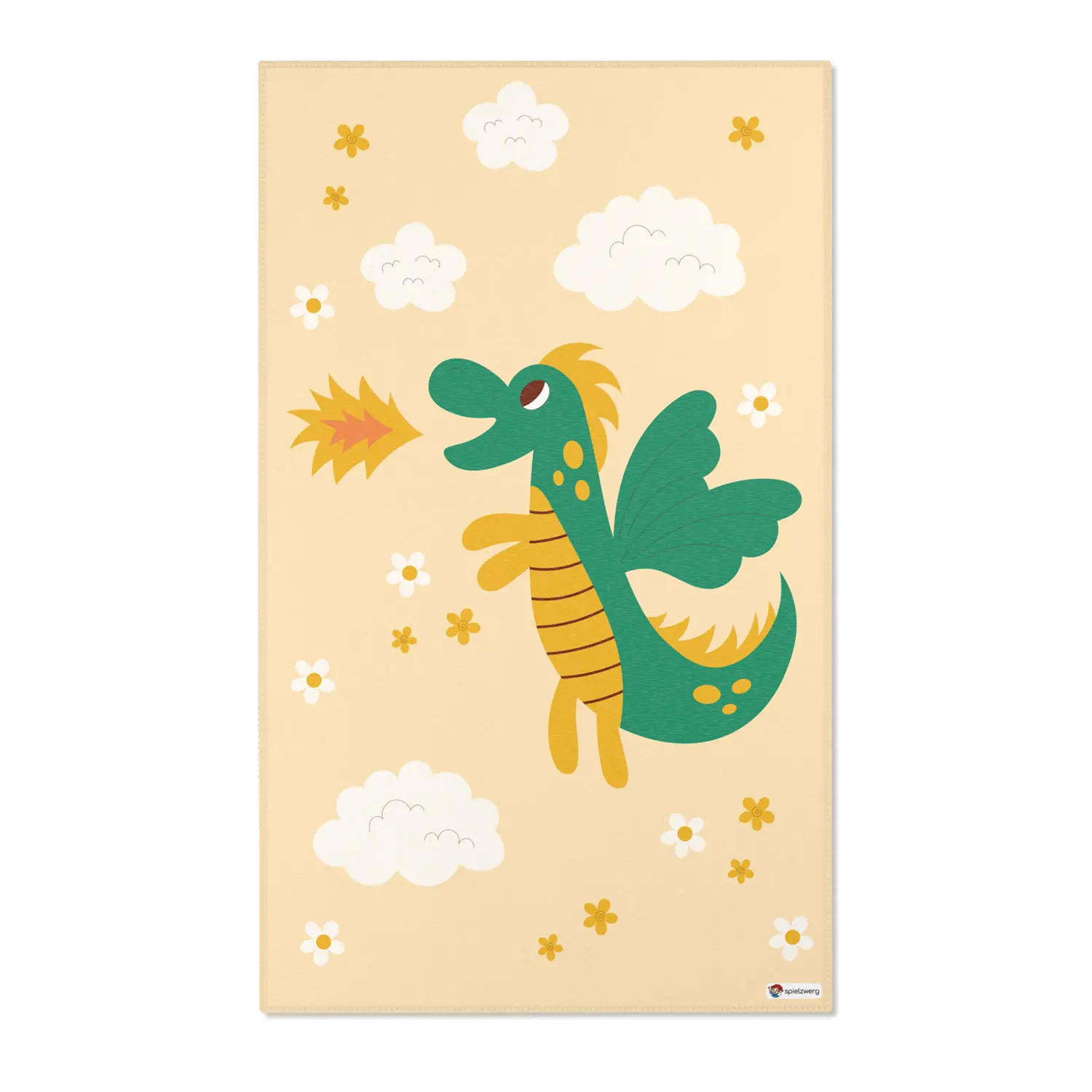 Kinderteppich "Feuerdrache" von spielzwerg. Frontansicht von vorne. Größe L 150x90 cm.