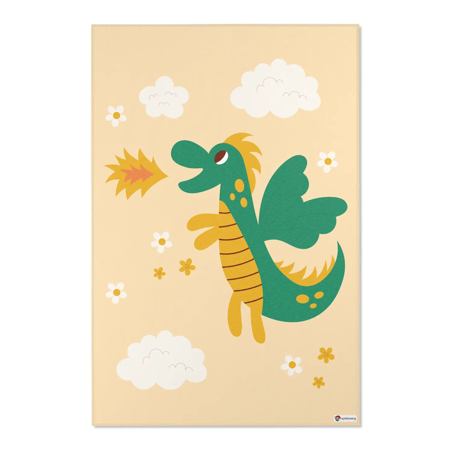 Kinderteppich "Feuerdrache" von spielzwerg. Frontansicht von vorne. Größe XL 180x120 cm.