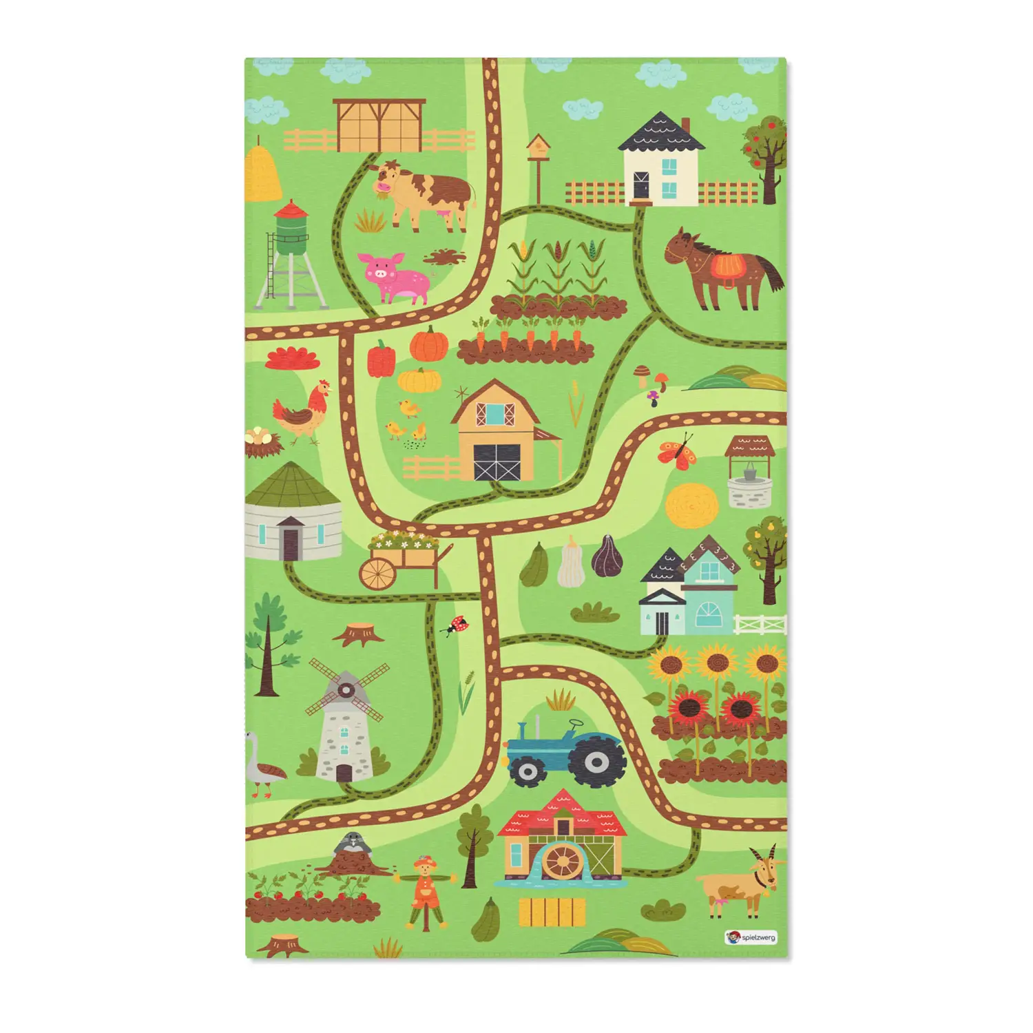 Spielteppich "Marias Farm" von spielzwerg. Frontansicht von vorne. Größe L 150x90 cm.