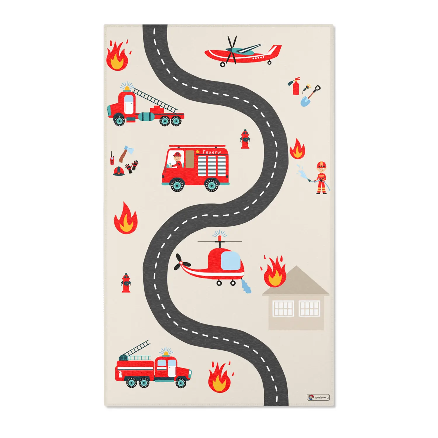 Spielteppich "Feuerwehreinsatz" von spielzwerg. Frontansicht von vorne. Größe L 150x90 cm.