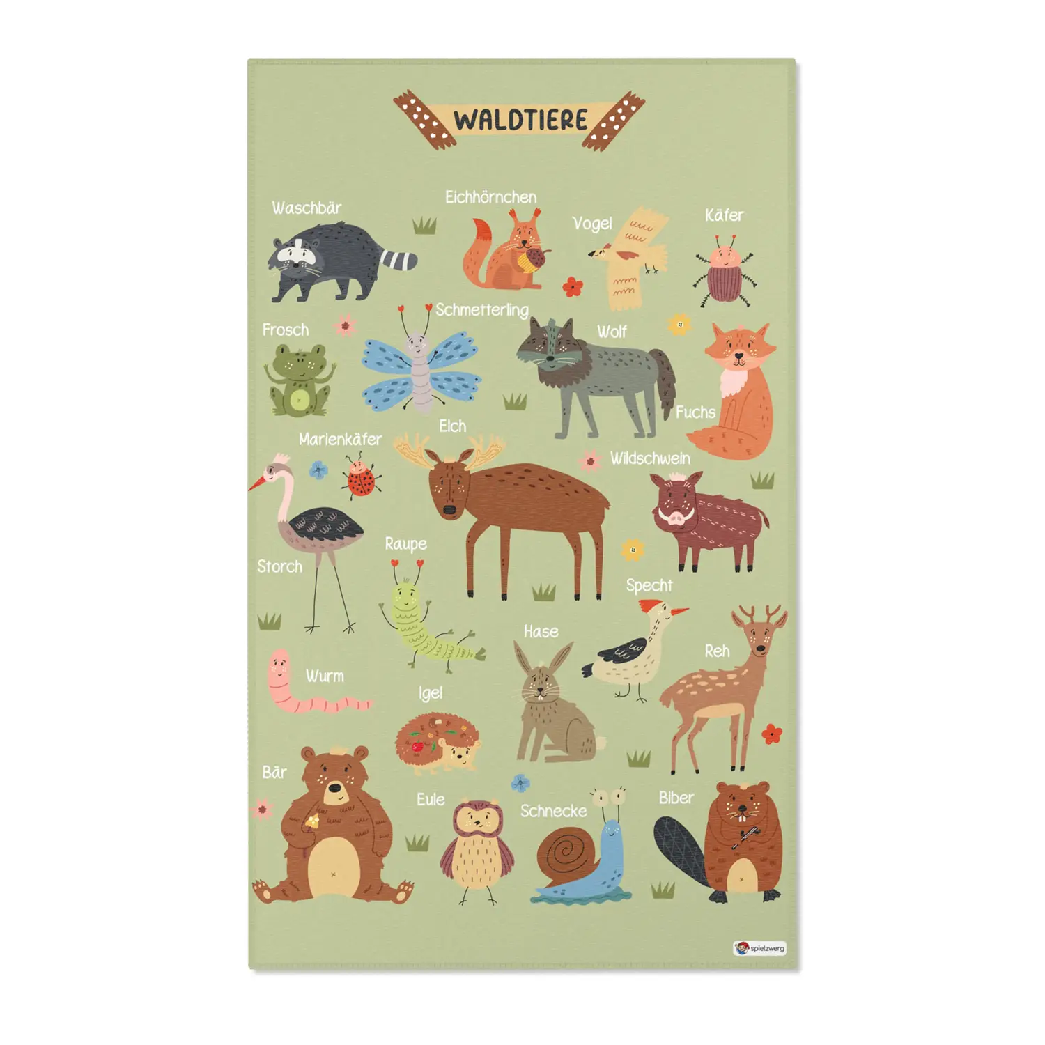 Kinderteppich "Waldtierkunde" von spielzwerg. Frontansicht von vorne. Größe L 150x90 cm.