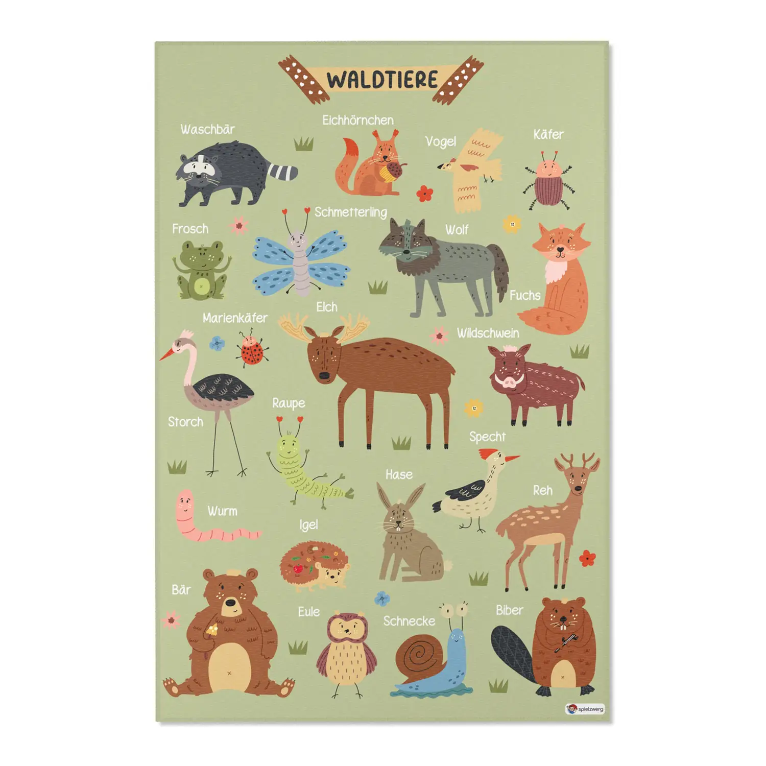 Kinderteppich "Waldtierkunde" von spielzwerg. Frontansicht von vorne. Größe XL 180x120 cm.