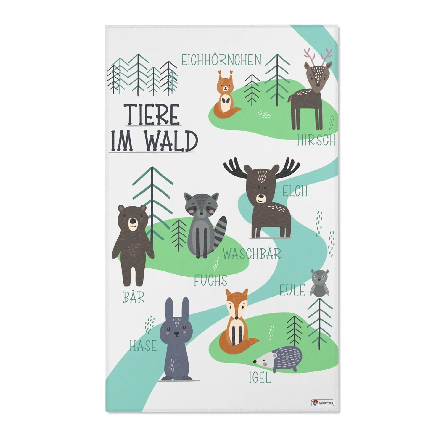 Kinderteppich "Waldfreunde" von spielzwerg. Frontansicht von vorne. Größe L 150x90 cm.