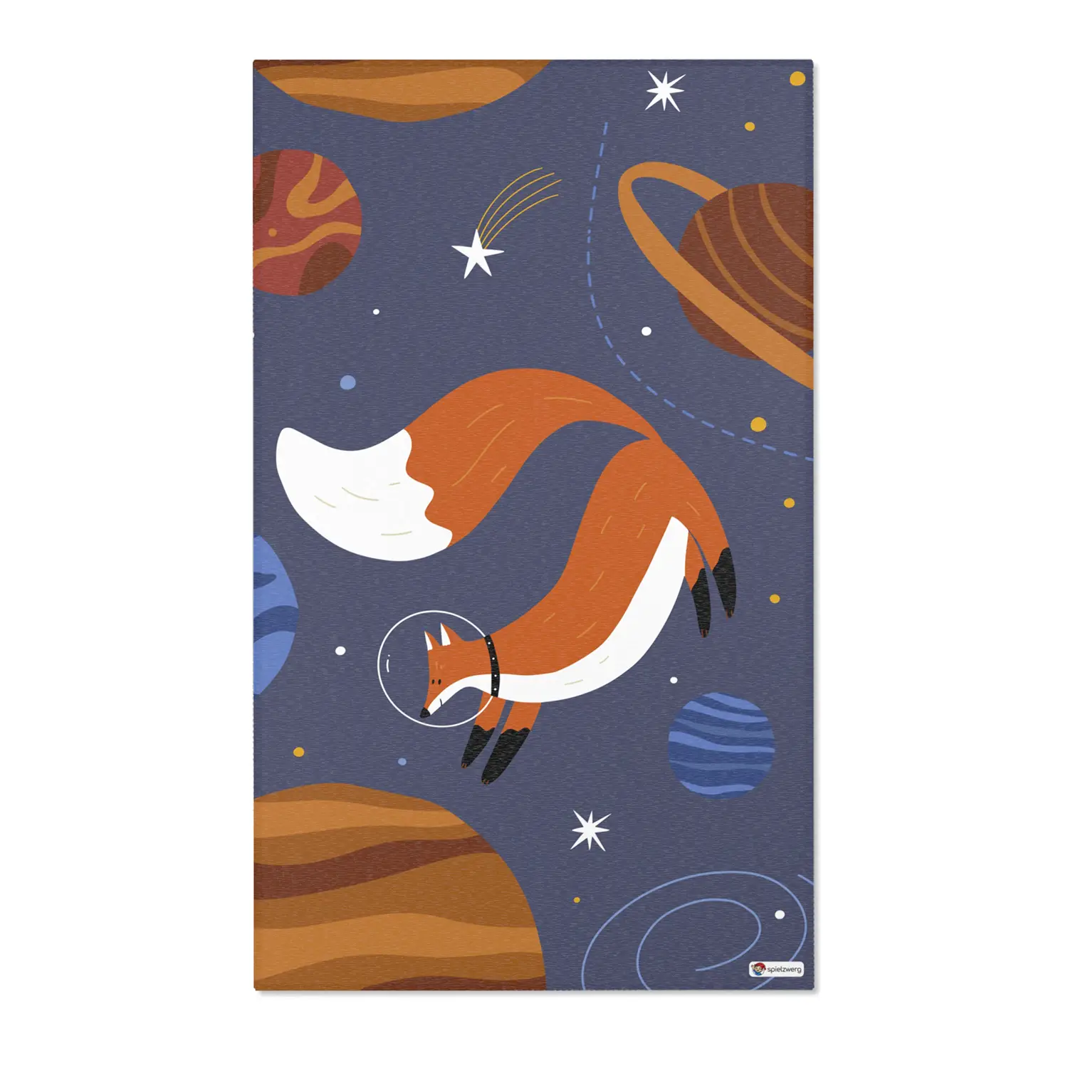 Kinderteppich "Fuchs im All" von spielzwerg. Frontansicht von vorne. Größe L 150x90 cm.