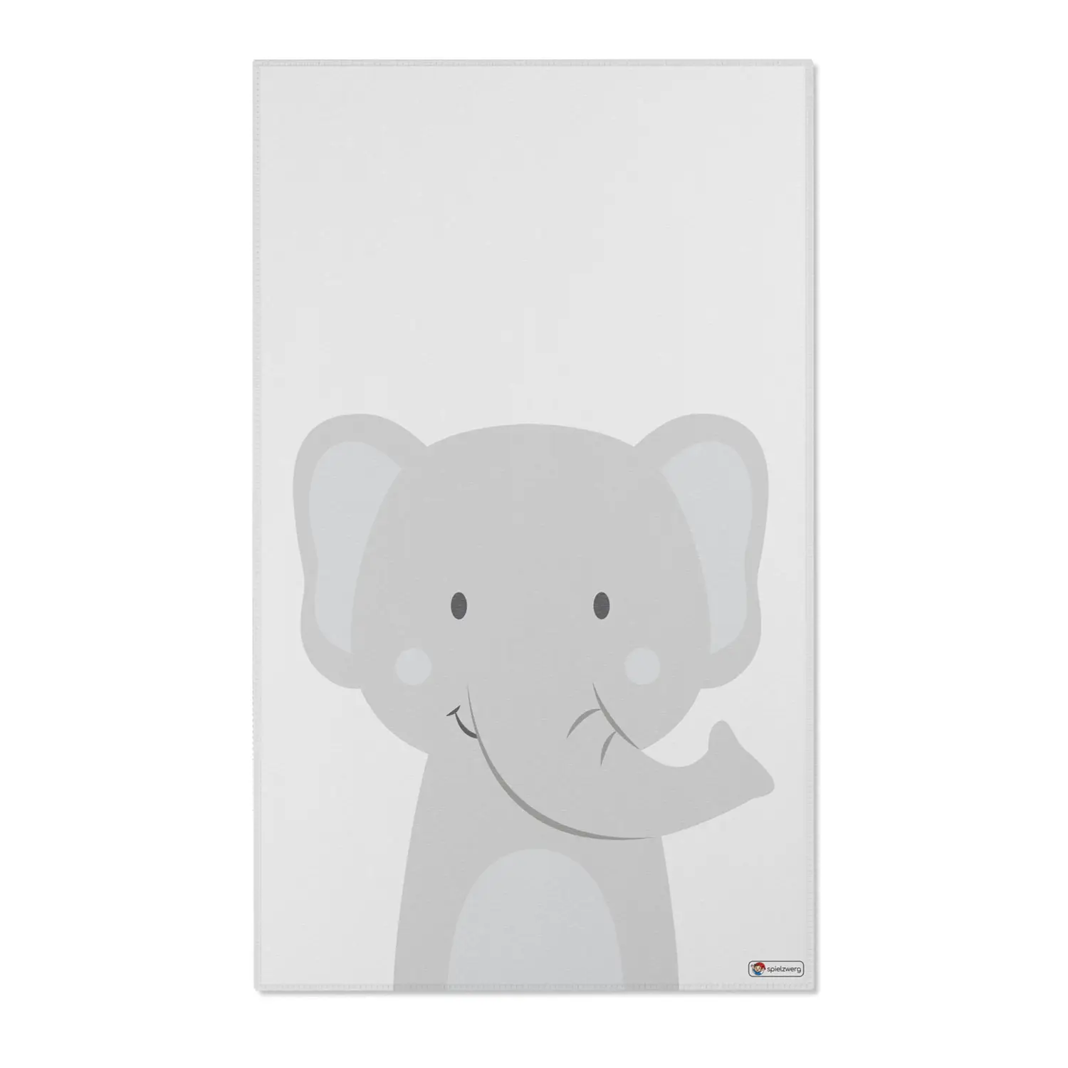 Kinderteppich „Kleiner Elefant“ von spielzwerg. Frontansicht von vorne. Größe L 150x90 cm.