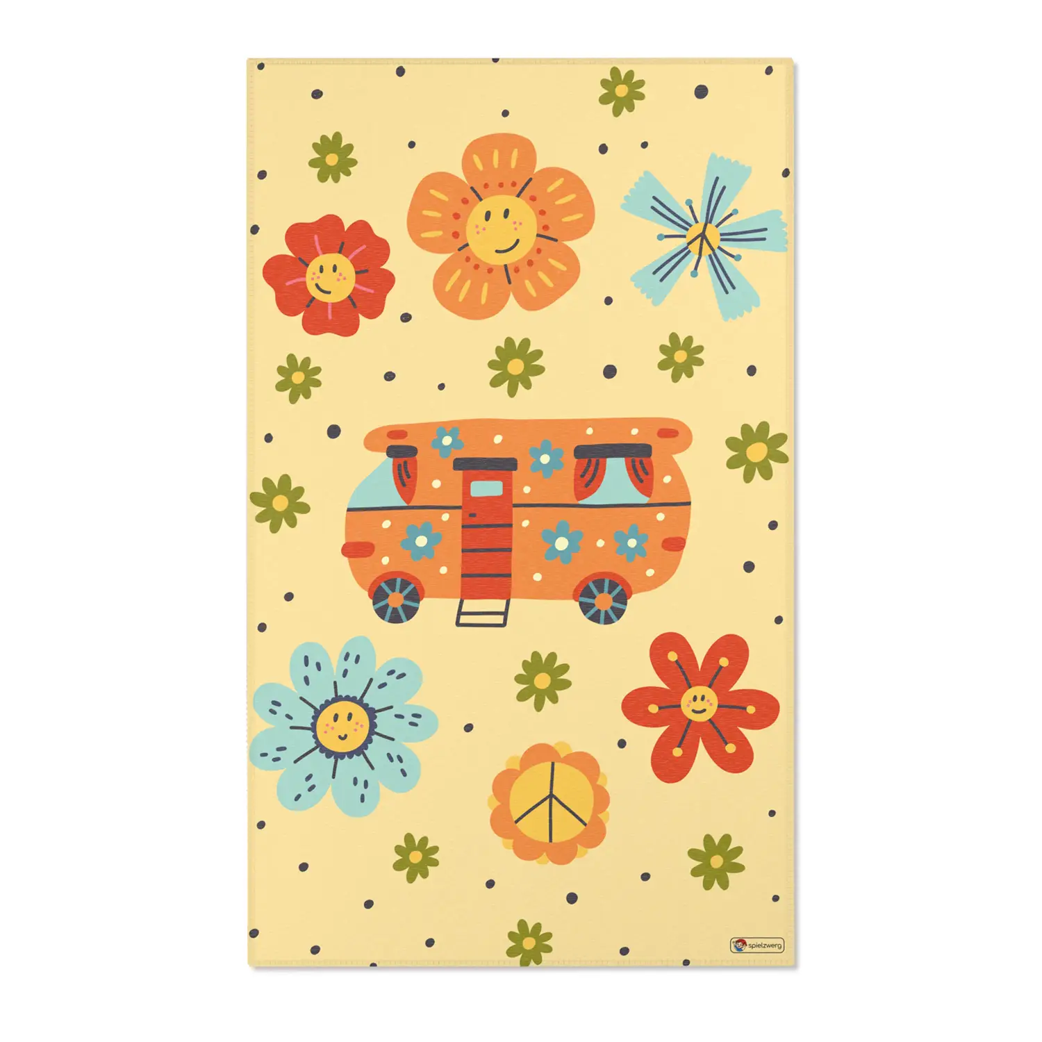 Kinderteppich "Hippie Wohnmobil" von spielzwerg. Frontansicht von vorne. Größe L 150x90 cm.