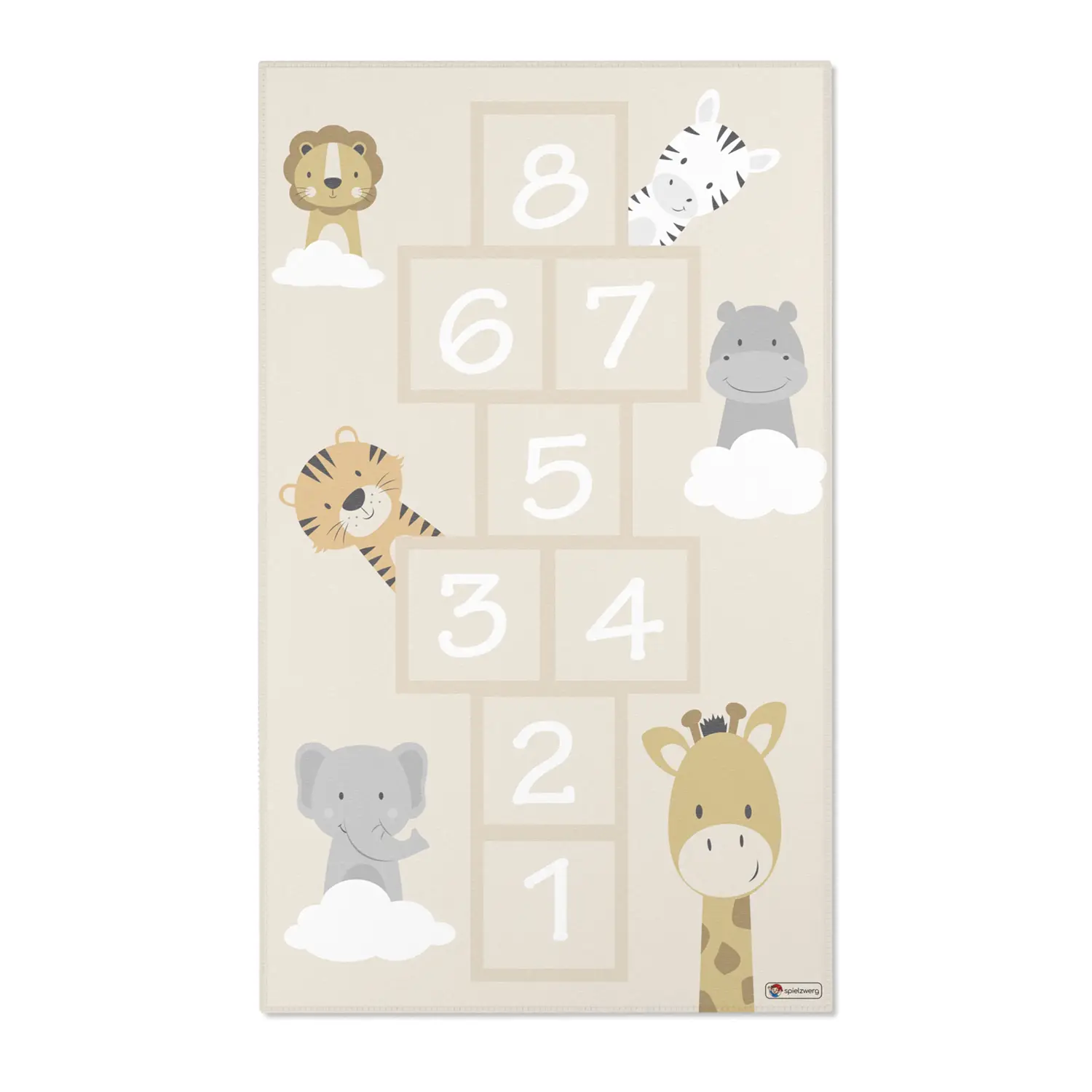 Spielteppich "Hüpfspiel Tiere" von spielzwerg. Frontansicht von vorne. Größe L 150x90 cm.
