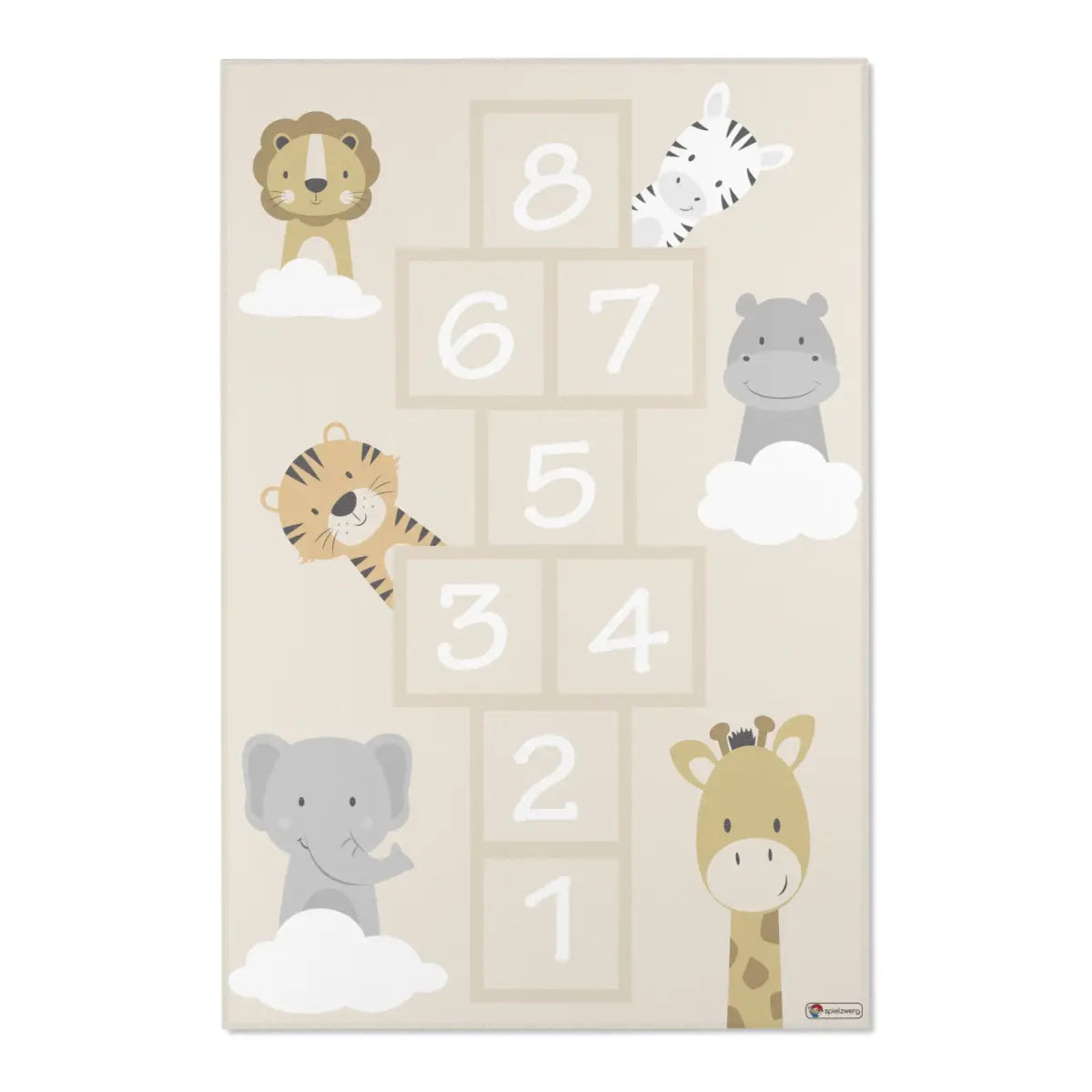 Spielteppich "Hüpfspiel Tiere" von spielzwerg. Frontansicht von vorne.