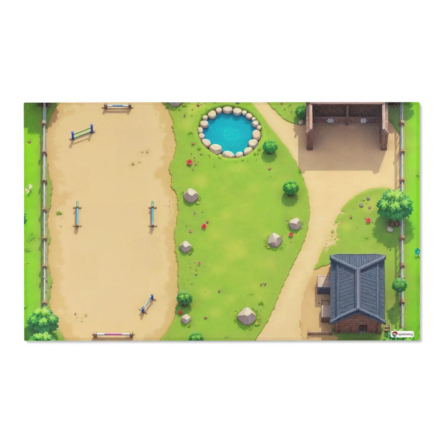 Spielteppich "Reiterhof" von spielzwerg. Frontansicht von vorne. Größe L 150x90 cm.