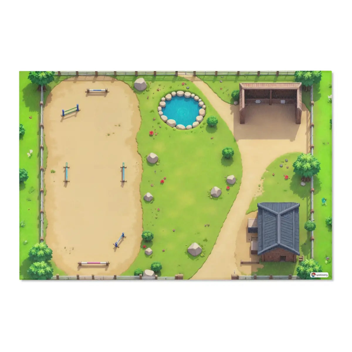 Spielteppich "Reiterhof" von spielzwerg. Frontansicht von vorne.