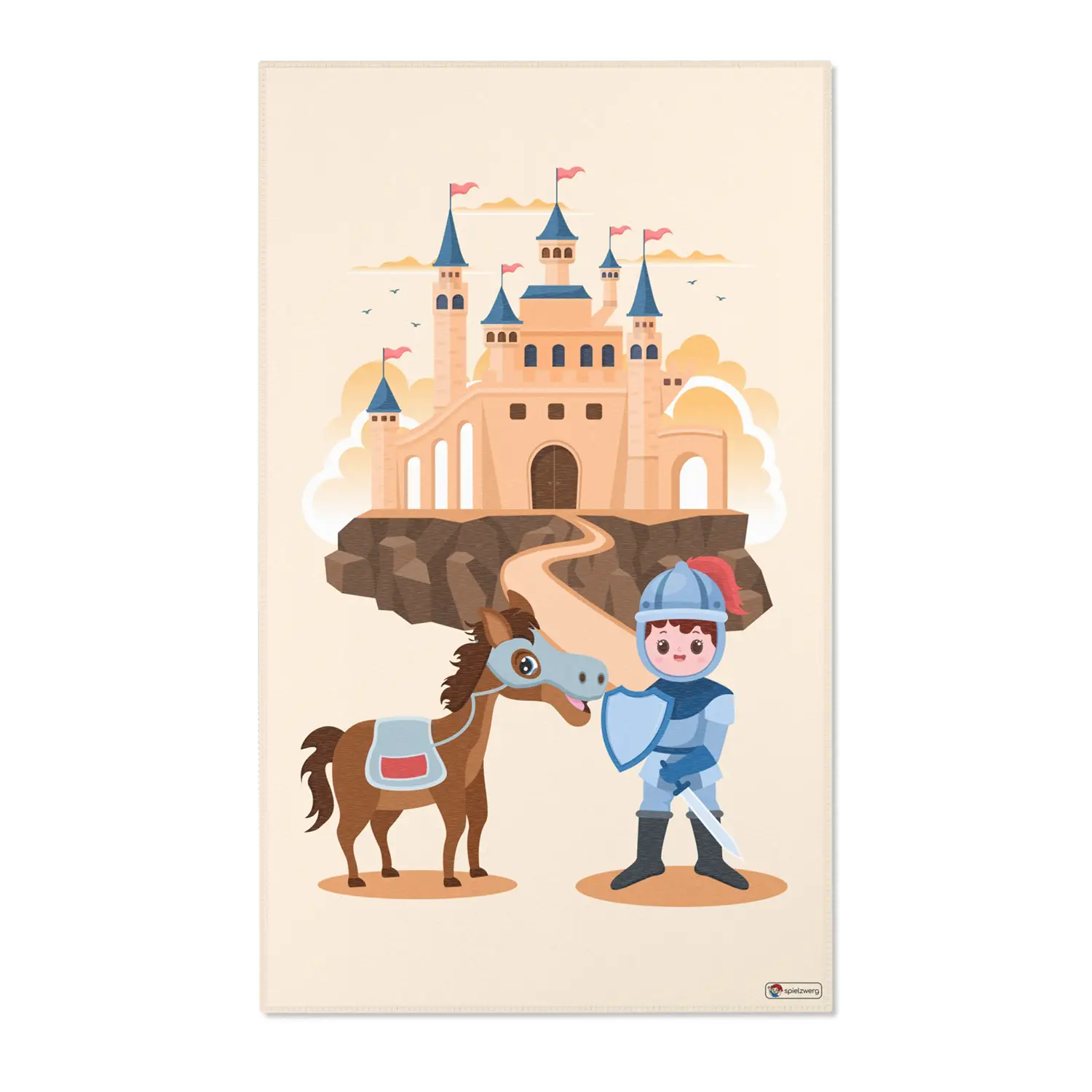 Kinderteppich "Tapferer Ritter" von spielzwerg. Frontansicht von vorne. Größe L 150x90 cm.
