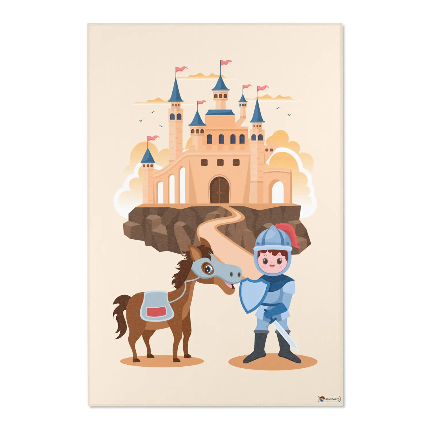 Kinderteppich "Tapferer Ritter" von spielzwerg. Frontansicht von vorne. Größe XL 180x120 cm.