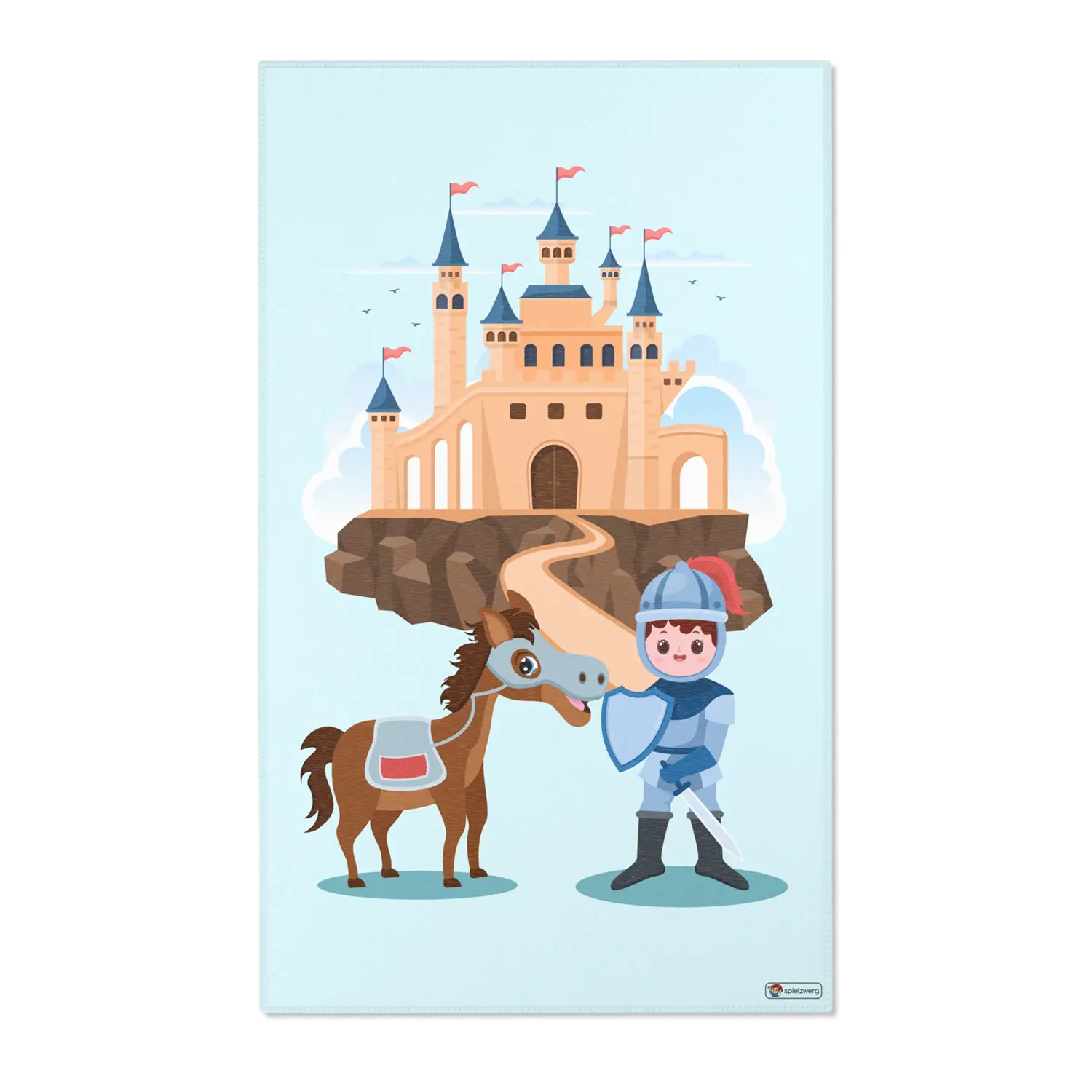 Kinderteppich "Tapferer Ritter" von spielzwerg. Frontansicht von vorne. Größe L 150x90 cm.