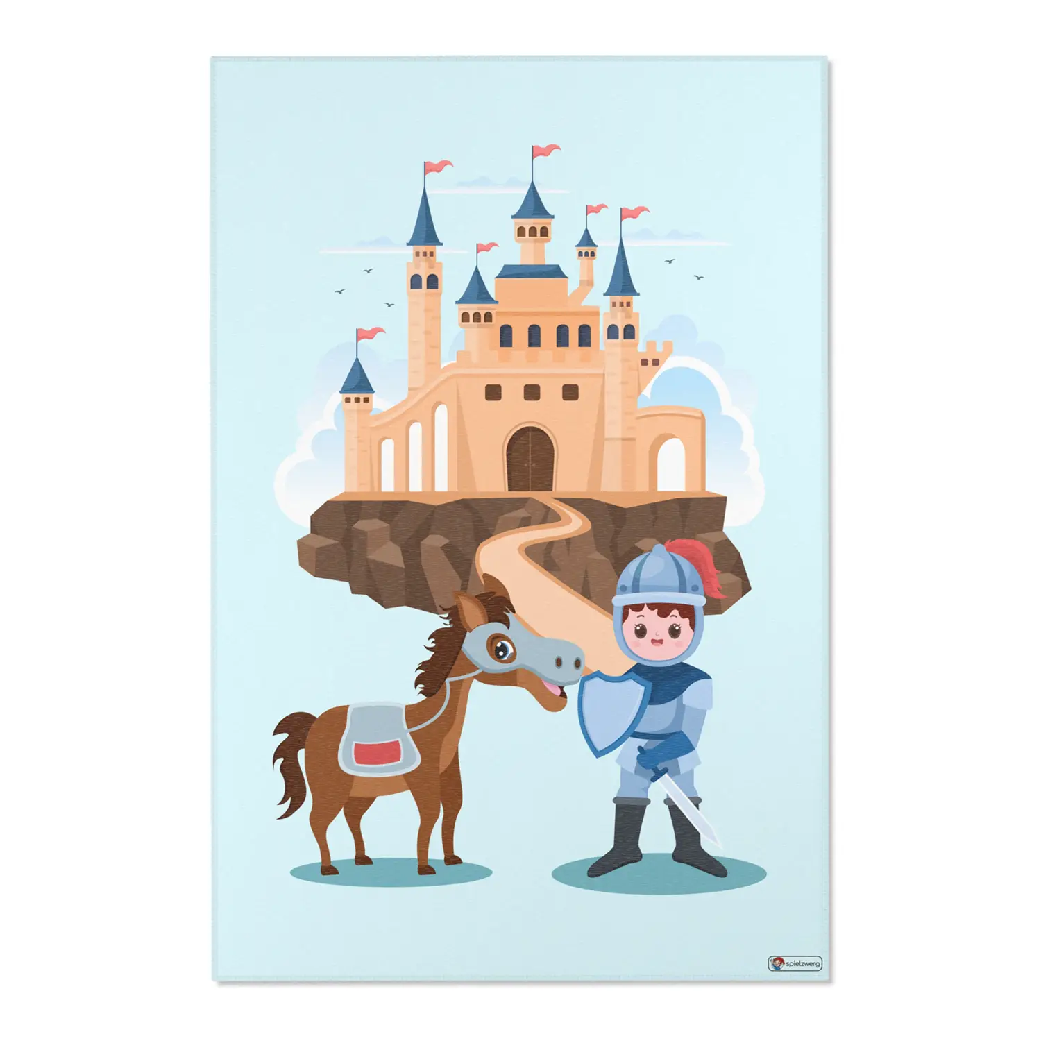 Kinderteppich "Tapferer Ritter" von spielzwerg. Frontansicht von vorne. Größe XL 180x120 cm.