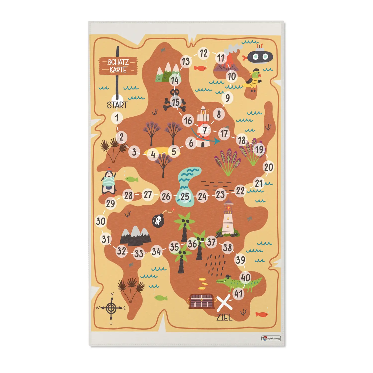 Spielteppich "Schatzjagd" von spielzwerg. Frontansicht von vorne. Größe L 150x90 cm.