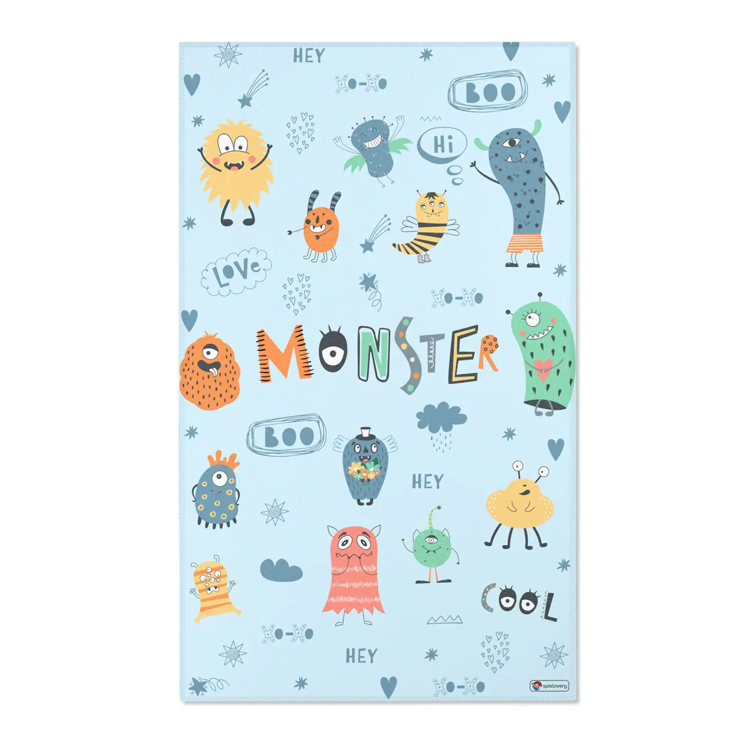 Kinderteppich "Monster" von spielzwerg. Frontansicht von vorne. Größe L 150x90 cm.