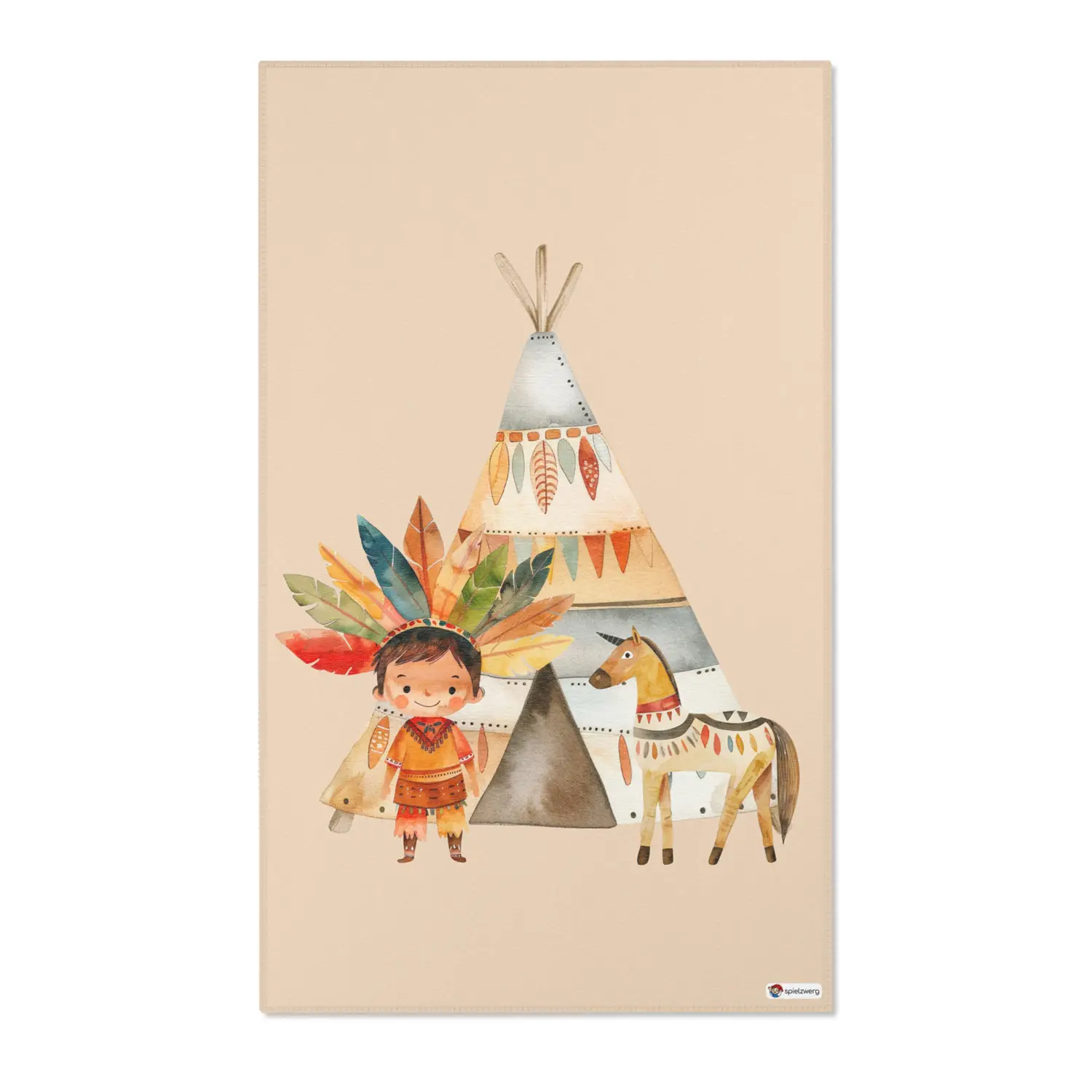 Kinderteppich "Indianer" von spielzwerg. Frontansicht von vorne. Größe L 150x90 cm.