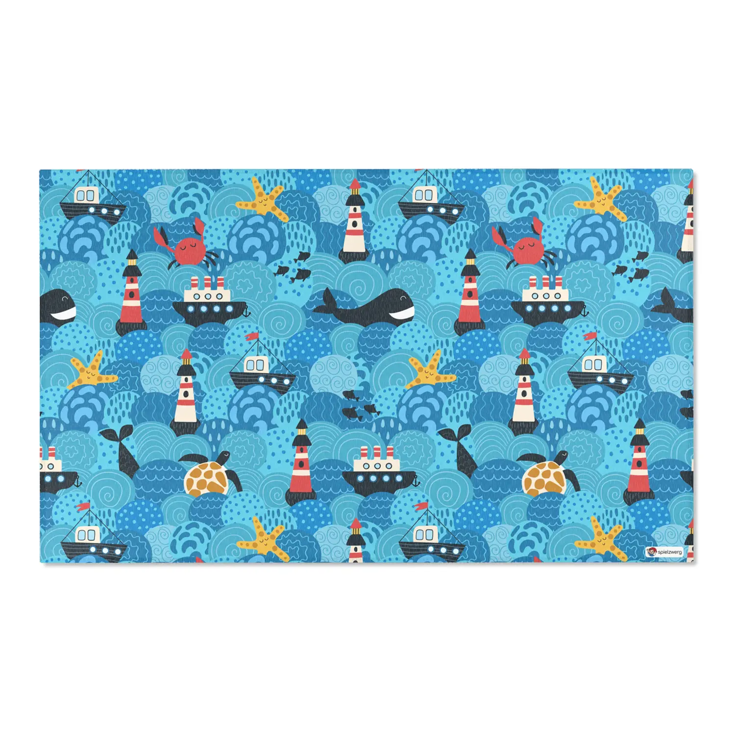 Kinderteppich "Hafenchaos" von spielzwerg. Frontansicht von vorne. Größe L 150x90 cm.