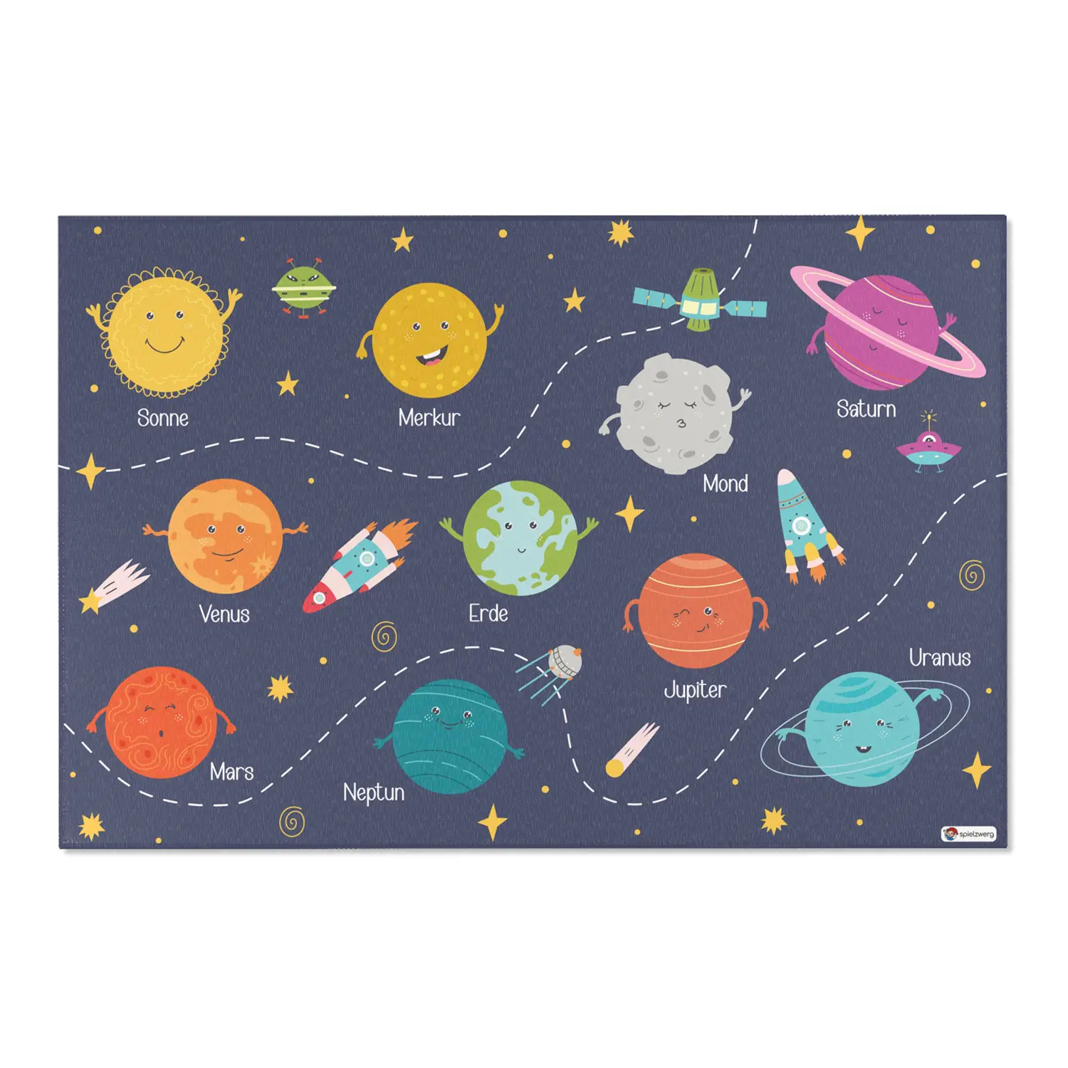 Kinderteppich "Sonnensystem" von spielzwerg. Frontansicht von vorne. Größe XL 180x120 cm.
