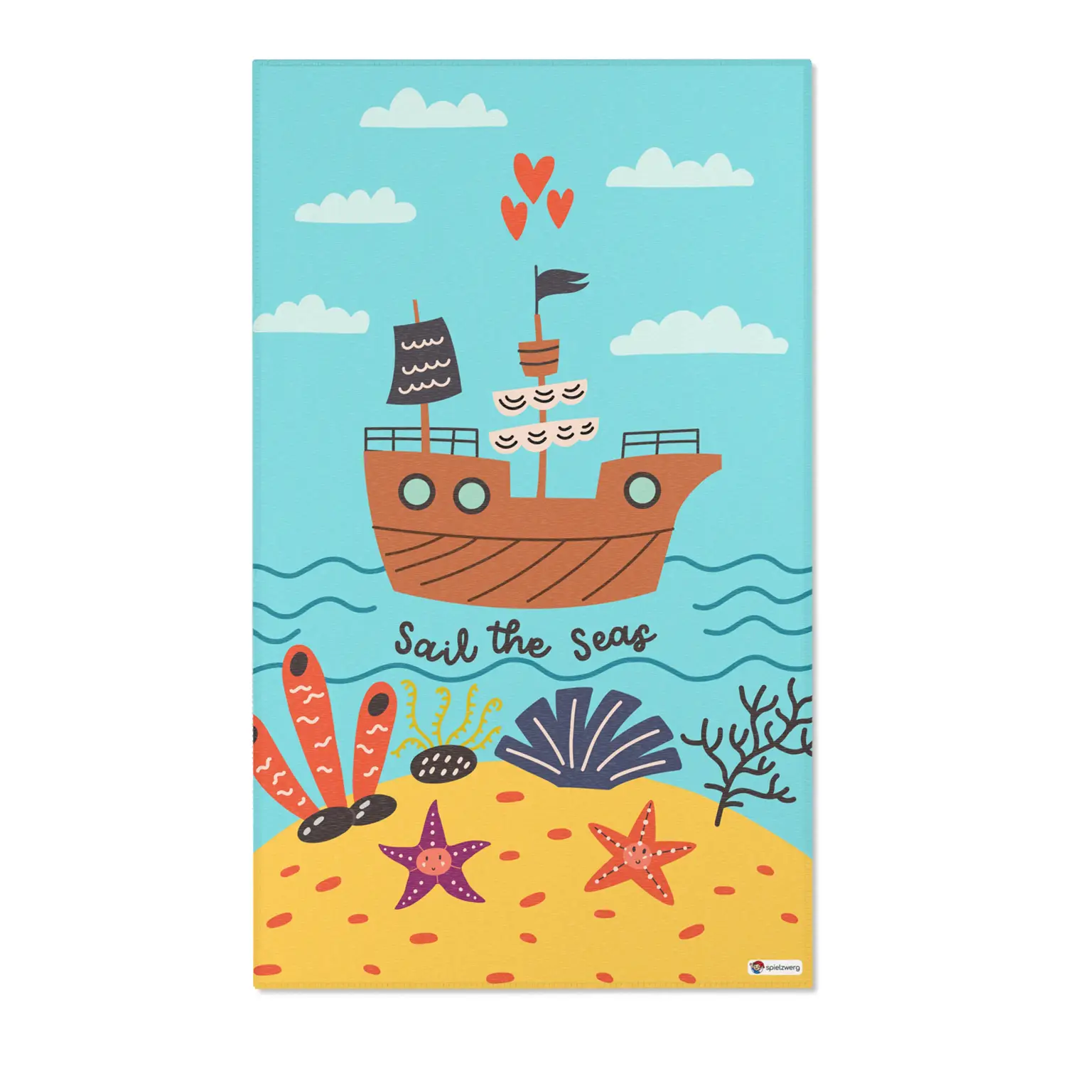 Kinderteppich "Piratenschiff" von spielzwerg. Frontansicht von vorne. Größe L 150x90 cm.