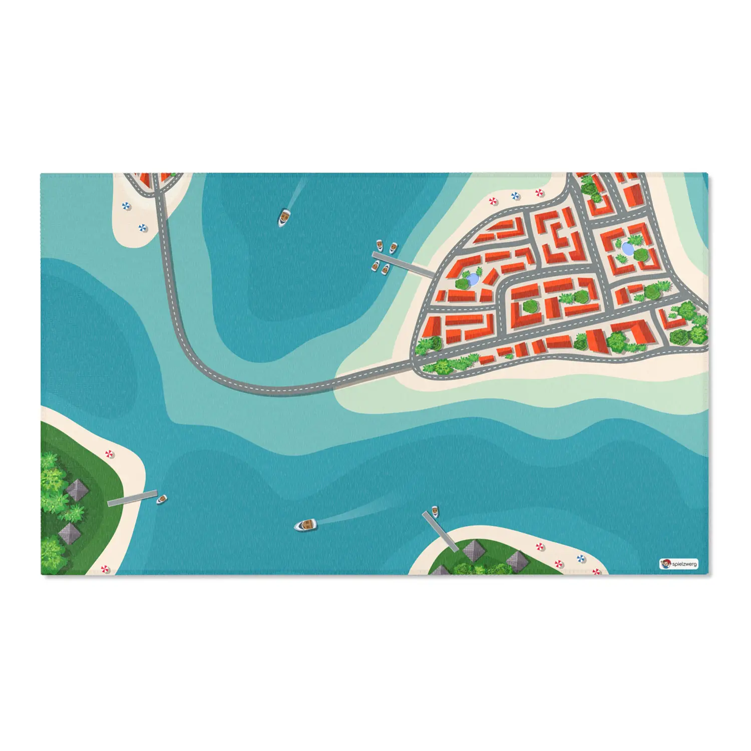 Spielteppich "Stadt am Meer" von spielzwerg. Frontansicht von vorne. Größe L 150x90 cm.