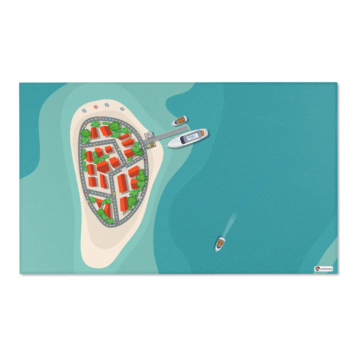 Spielteppich "Inseldorf" von spielzwerg. Frontansicht von vorne. Größe L 150x90 cm.