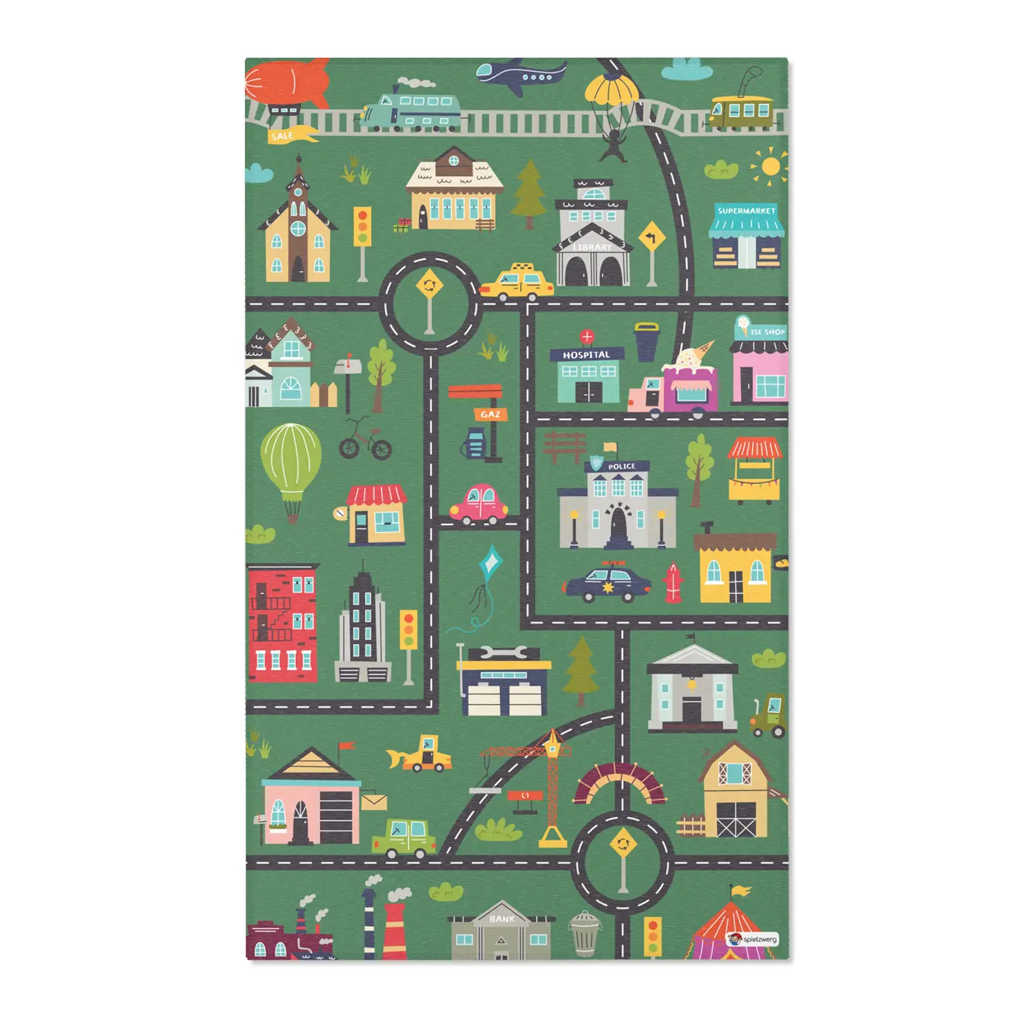 Spielteppich "Vorstadtchaos" von spielzwerg. Frontansicht von vorne. Größe L 150x90 cm.