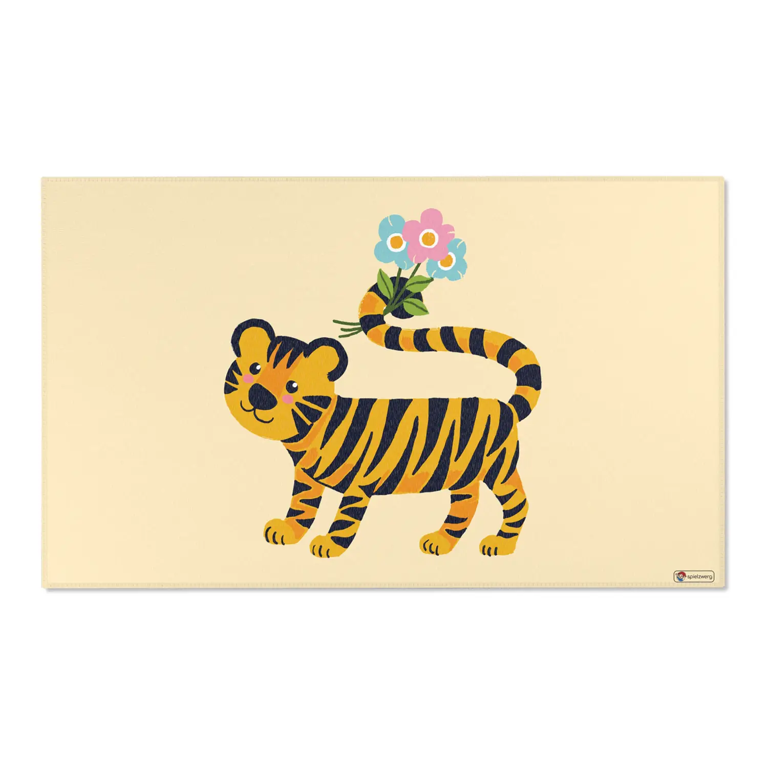 Kinderteppich "Tiger mit Blumen" von spielzwerg. Frontansicht von vorne. Größe L 150x90 cm.