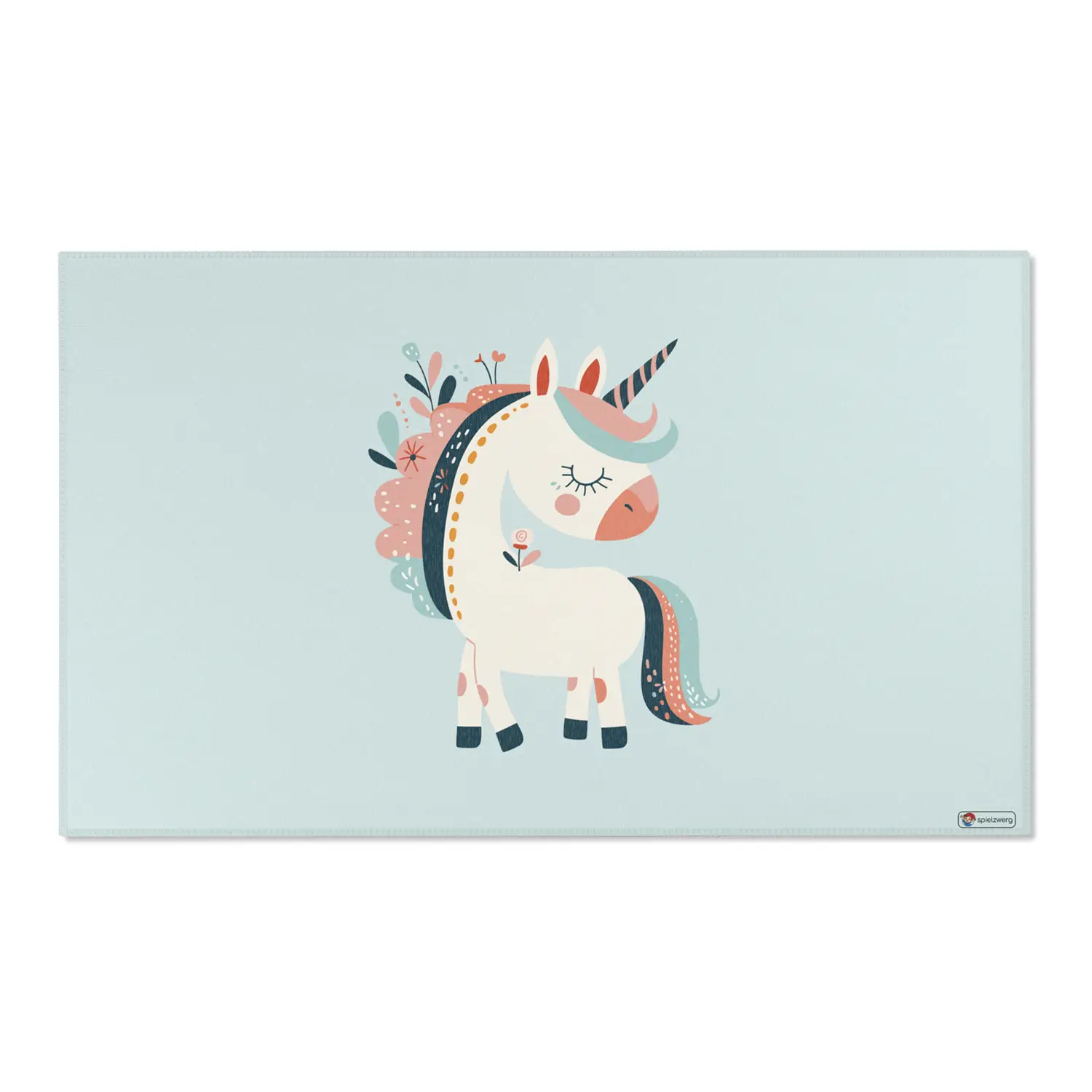 Kinderteppich "Blumeneinhorn" von spielzwerg. Frontansicht von vorne. Größe L 150x90 cm.