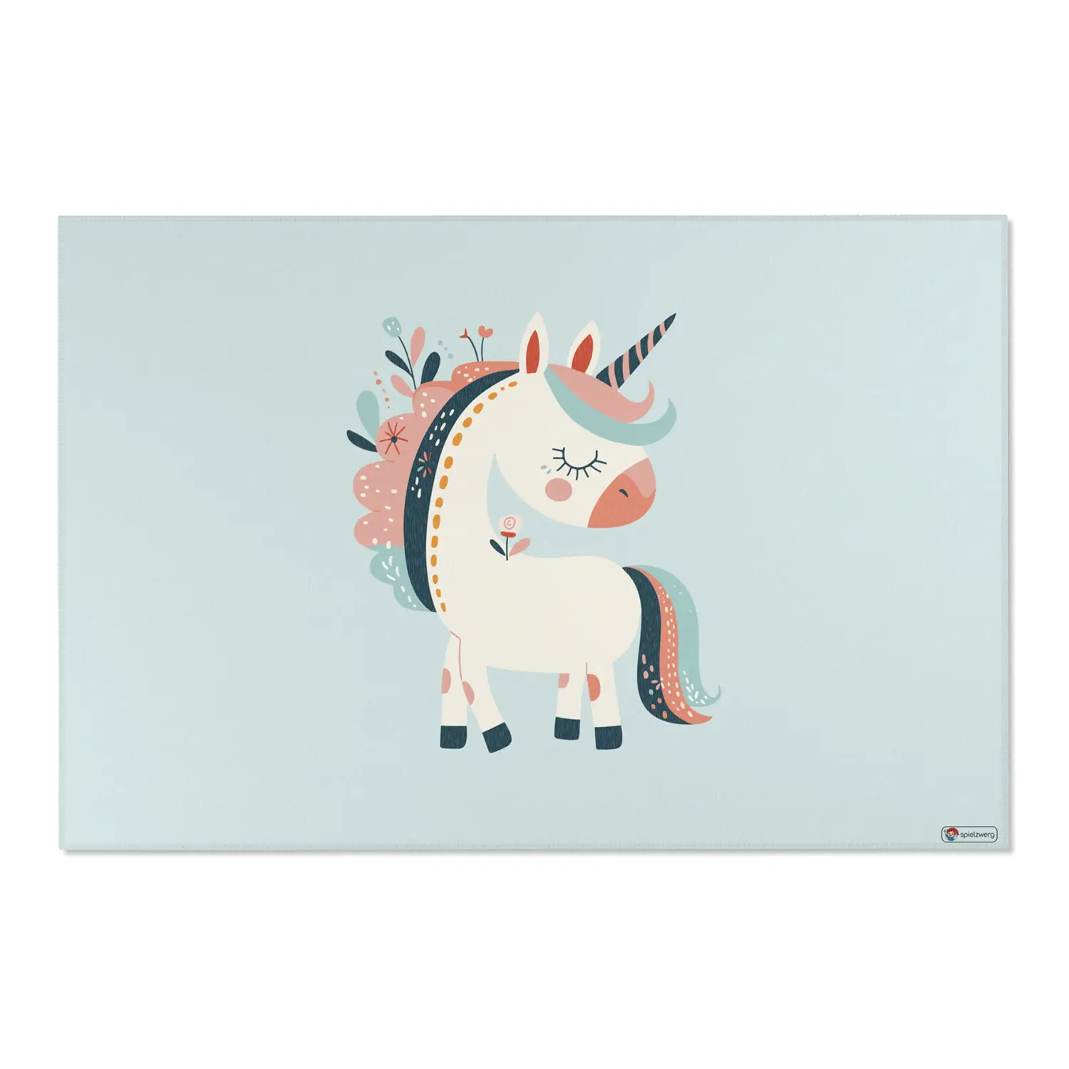 Kinderteppich "Blumeneinhorn" von spielzwerg. Frontansicht von vorne. Größe XL 180x120 cm.