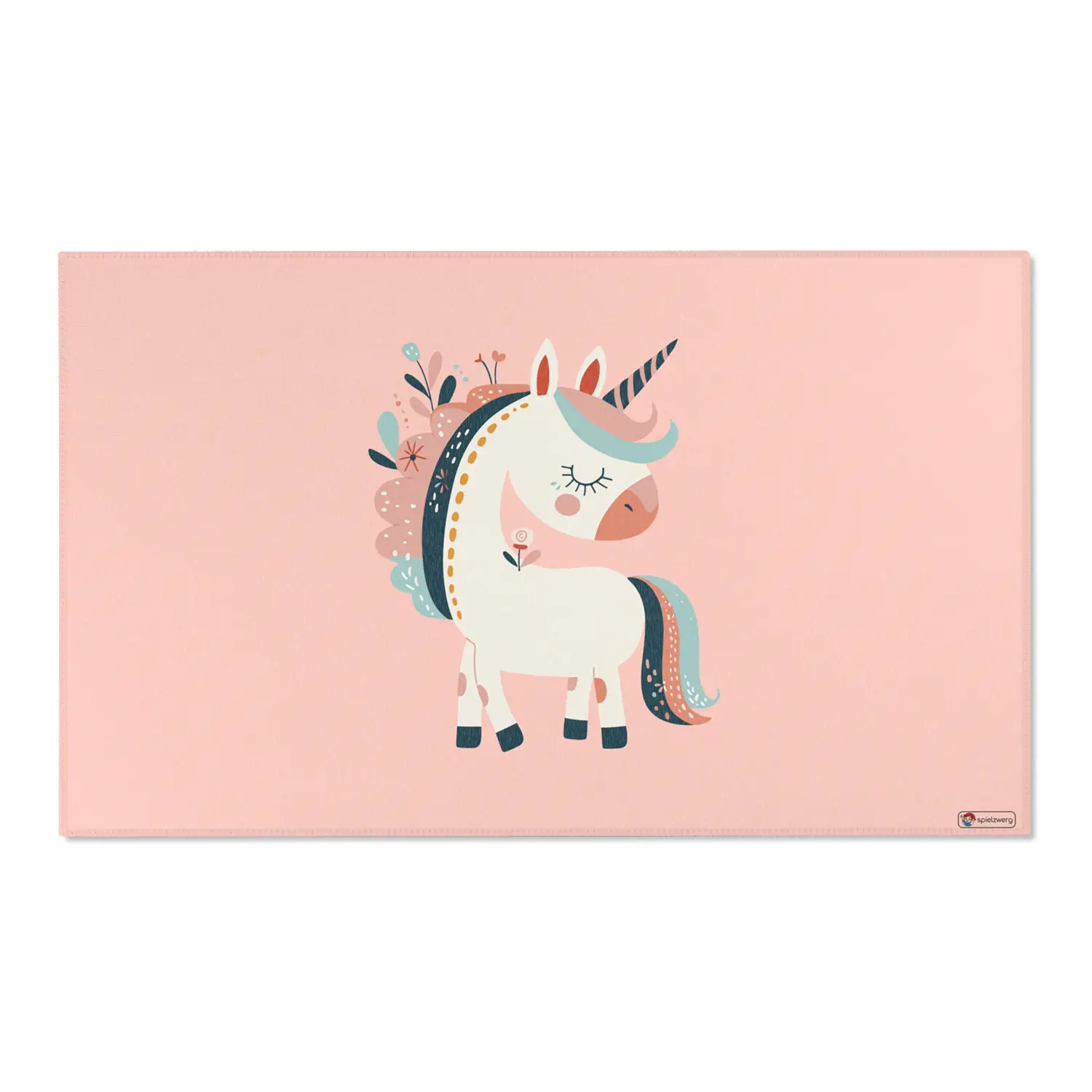 Kinderteppich "Blumeneinhorn" von spielzwerg. Frontansicht von vorne. Größe L 150x90 cm.