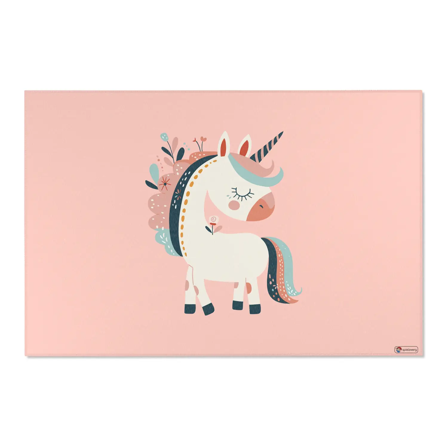 Kinderteppich "Blumeneinhorn" von spielzwerg. Frontansicht von vorne. Größe XL 180x120 cm.