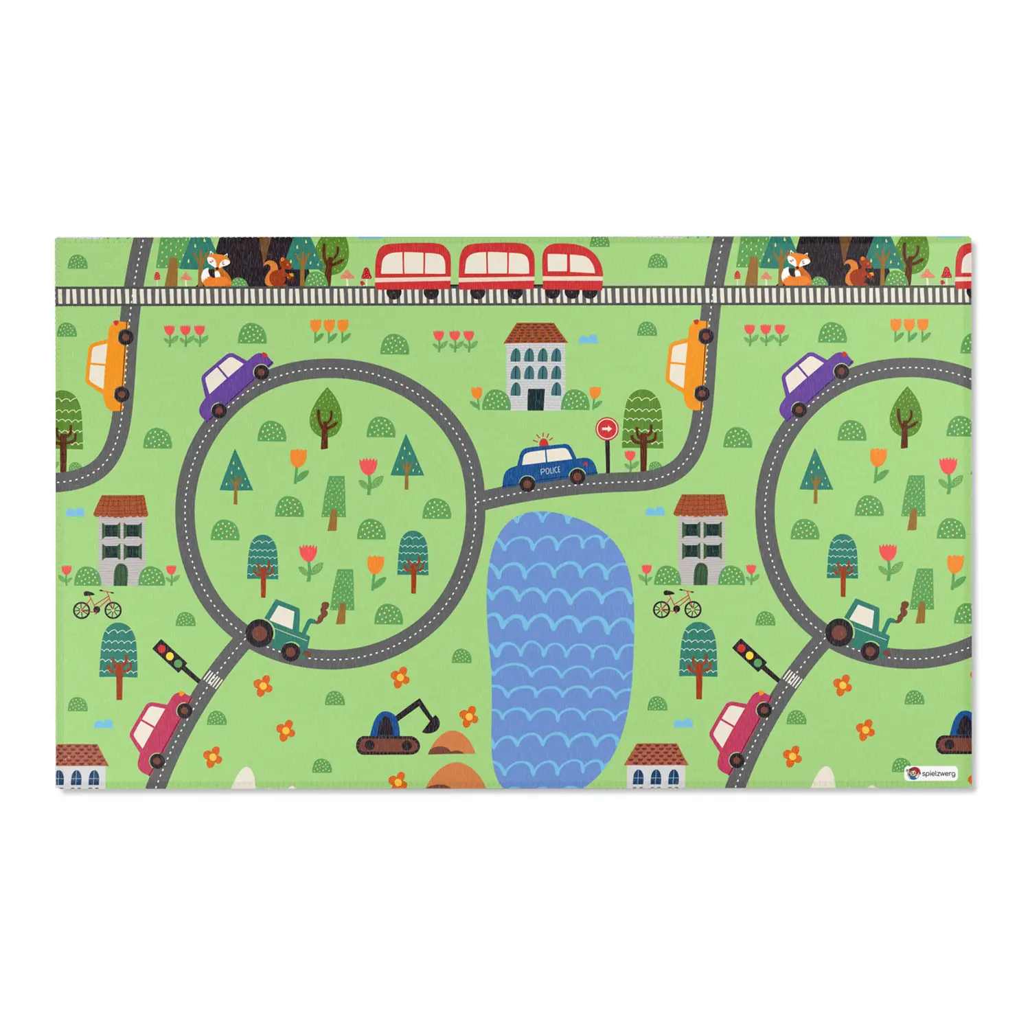 Spielteppich "Dorf am Waldrand" von spielzwerg. Frontansicht von vorne. Größe L 150x90 cm.