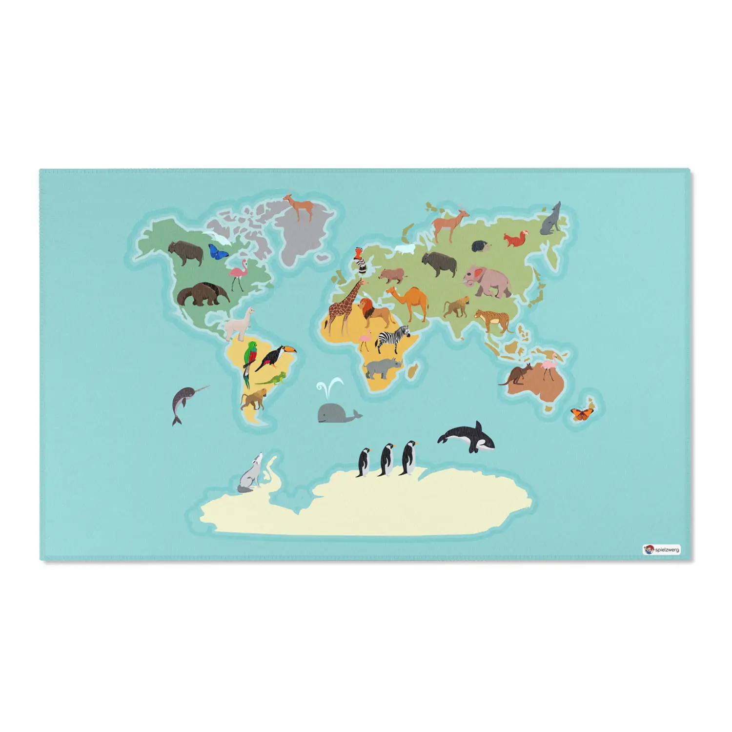 Spielteppich "Tiere der Welt" von spielzwerg. Frontansicht von vorne. Größe L 150x90 cm.