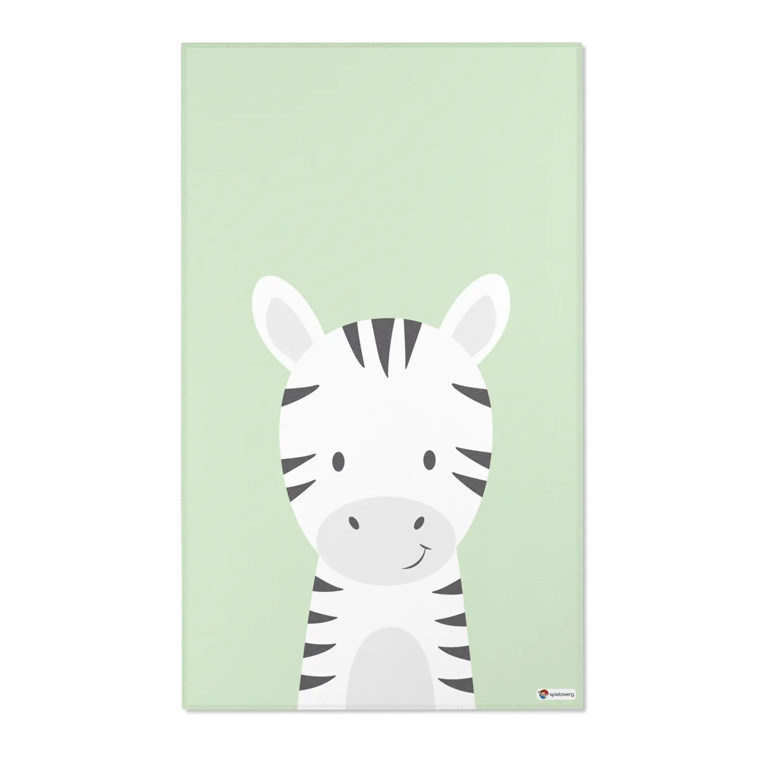 Kinderteppich "Zino Zebra" von spielzwerg. Frontansicht von vorne. Größe L 150x90 cm.
