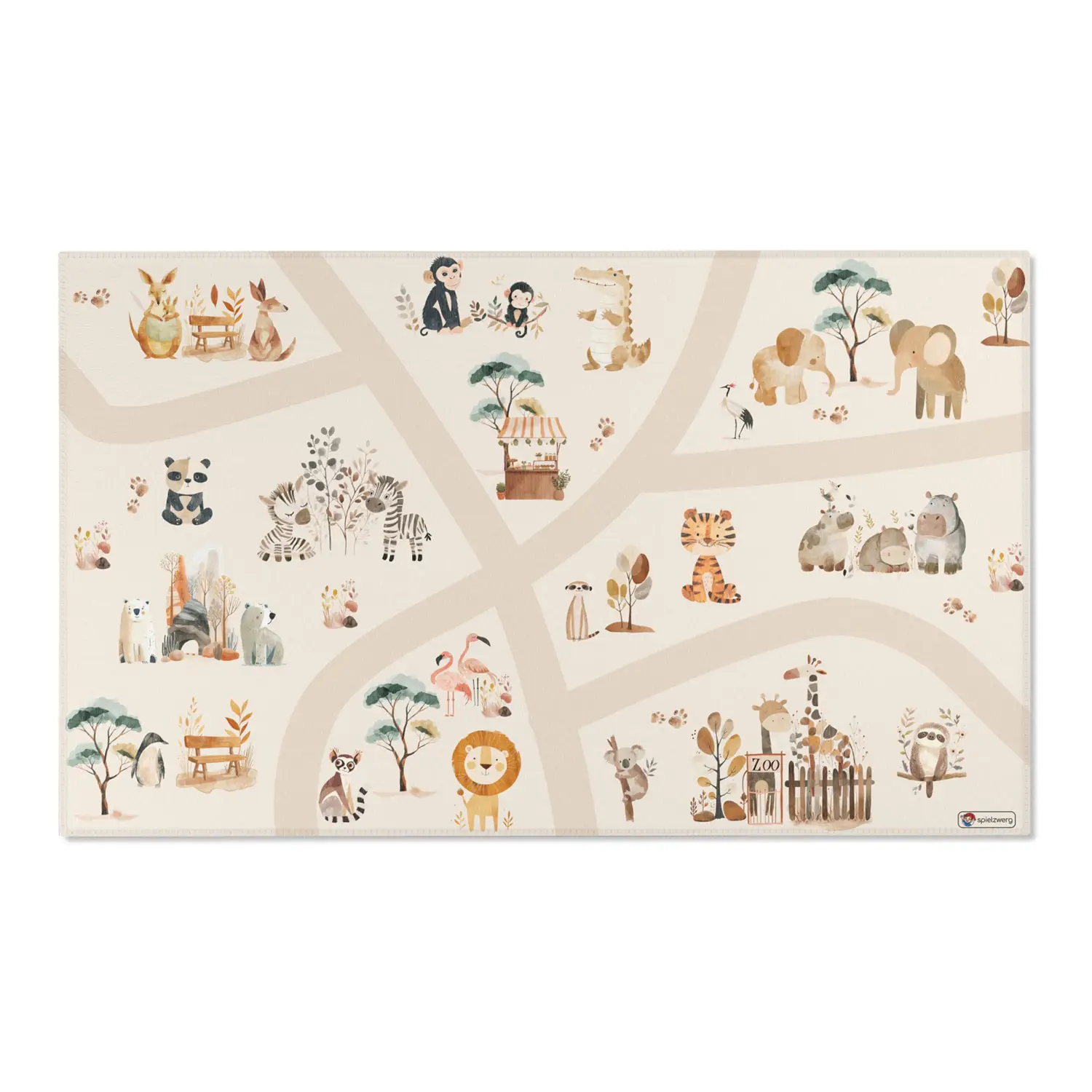 Spielteppich "Niedlicher Zoo" von spielzwerg. Frontansicht von vorne. Größe L 150x90 cm.