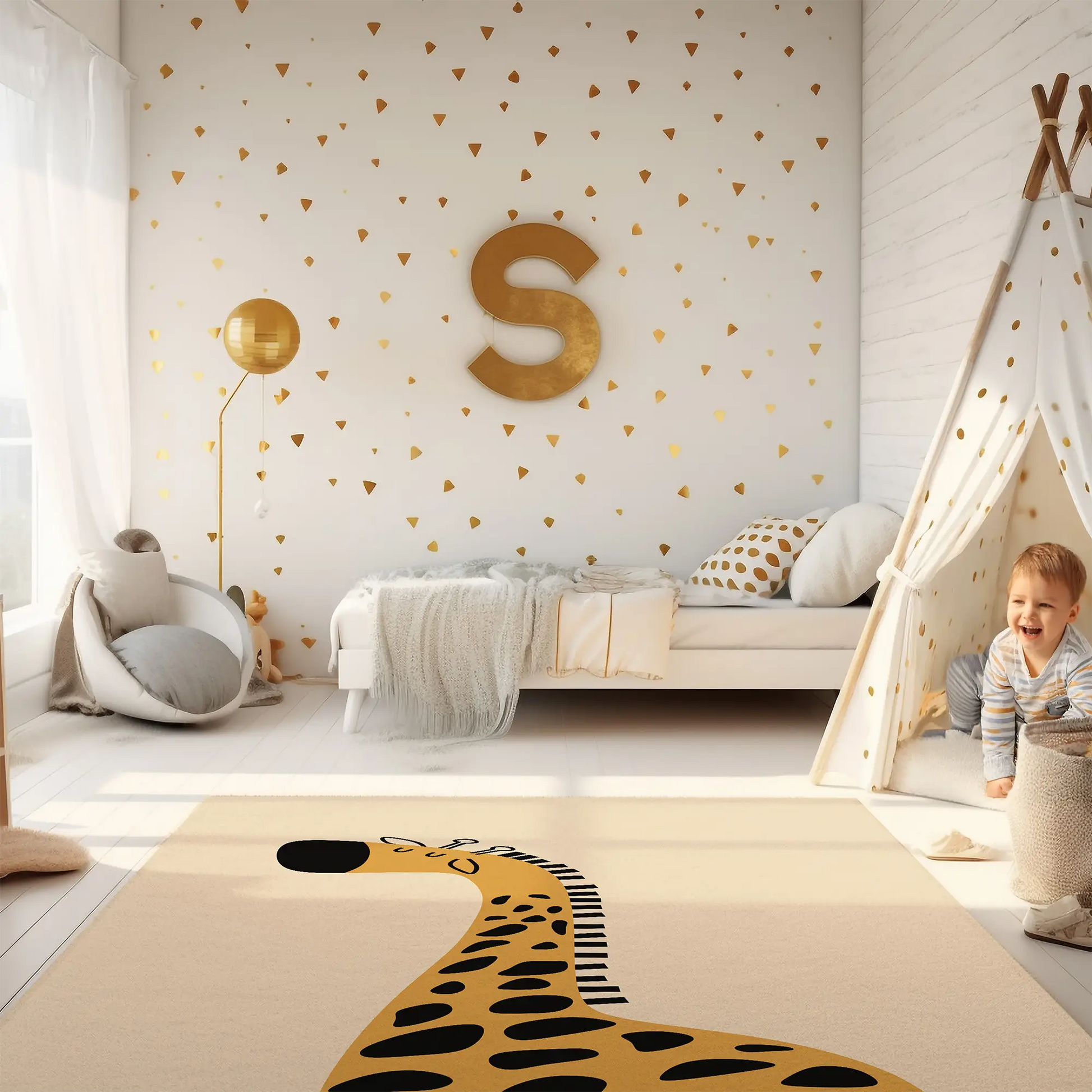 Kinderteppich "Guido Giraffe" von spielzwerg. Ambientebild von einem hellen Kinderzimmer mit weißem Holzboden und weißen Wänden, dekoriert mit goldenen Dreiecken und einem großen goldenen Buchstaben 'S'. Links steht ein gemütlicher Sessel mit Kissen und Decke, daneben eine goldene Stehlampe. In der Mitte liegt der Teppich. Rechts sitzt ein lachender Junge in einem weißen Spielzelt mit goldenen Punkten. Im Hintergrund ein schlichtes Bett mit weißer Decke und goldenen Akzenten. RUG-00057-XL, RUG-00057-L.