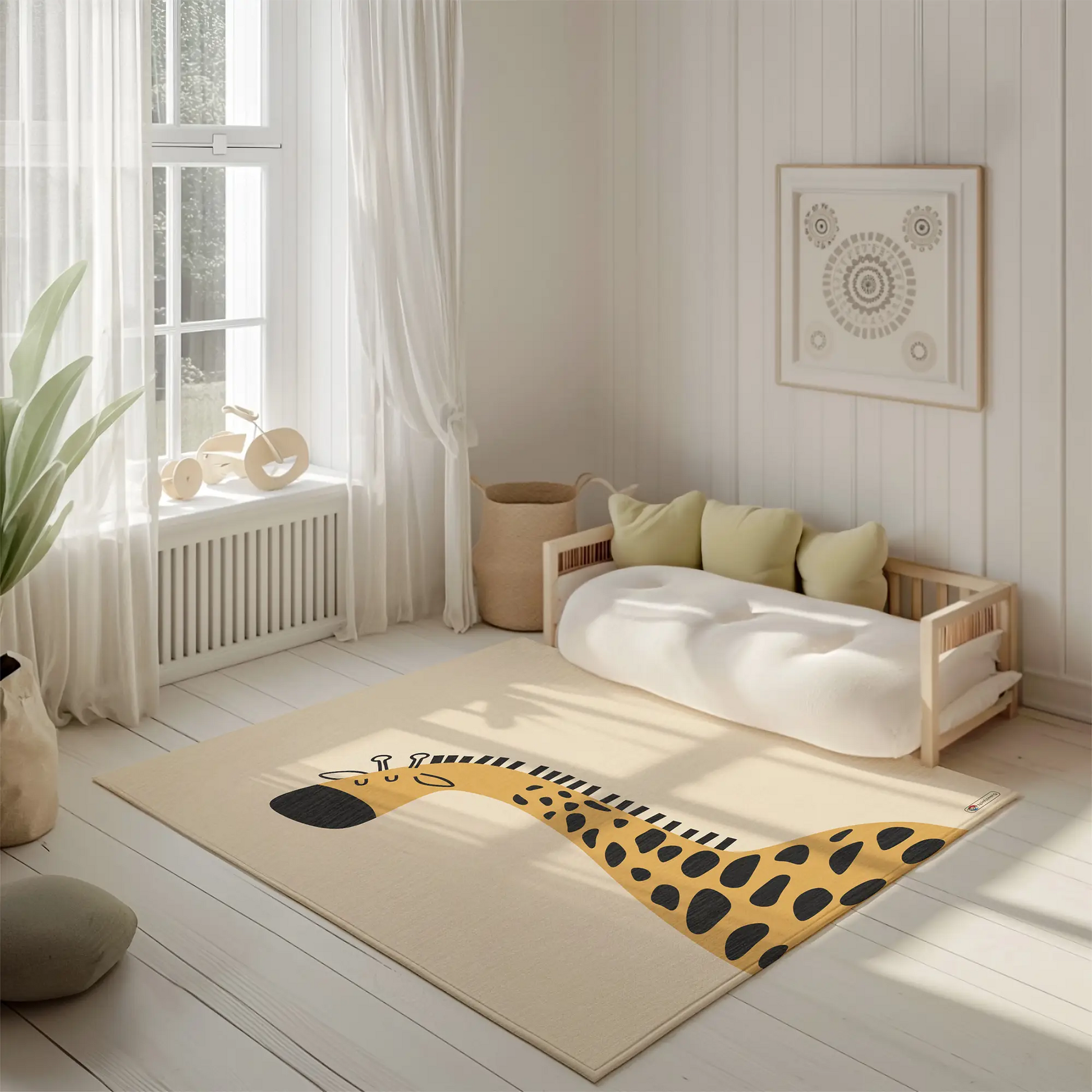 Kinderteppich "Guido Giraffe" von spielzwerg. Ambientebild von einem hellen, freundlichen Kinderzimmer mit weißen Holzwänden und hellem Holzboden. In der Ecke steht ein niedriges Holzbett mit weißen Decken und hellgrünen Kissen. Davor liegt der Teppich. Links steht ein kleines Holzspielzeugrad am Fenster mit weißen Vorhängen. An der Wand hängt ein gerahmtes Bild mit einem dezenten, kreisförmigen Muster. RUG-00057-XL, RUG-00057-L.
