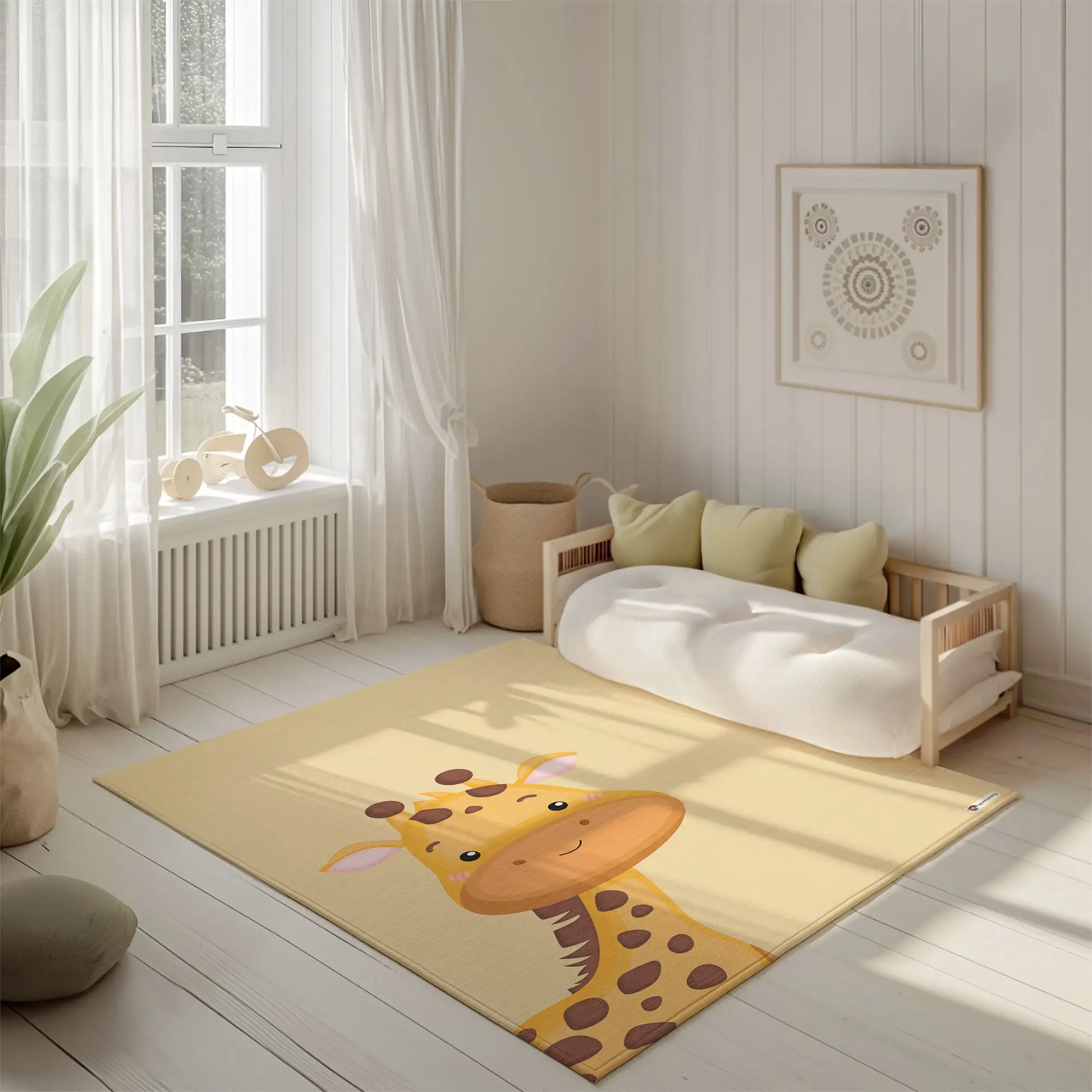 Kinderteppich "Gerda Giraffe" von spielzwerg. Ambientebild von einem hellen, freundlichen Kinderzimmer mit weißen Holzwänden und hellem Holzboden. In der Ecke steht ein niedriges Holzbett mit weißen Decken und hellgrünen Kissen. Davor liegt der Teppich. Links steht ein kleines Holzspielzeugrad am Fenster mit weißen Vorhängen. An der Wand hängt ein gerahmtes Bild mit einem dezenten, kreisförmigen Muster. RUG-00126-XL, RUG-00126-L.