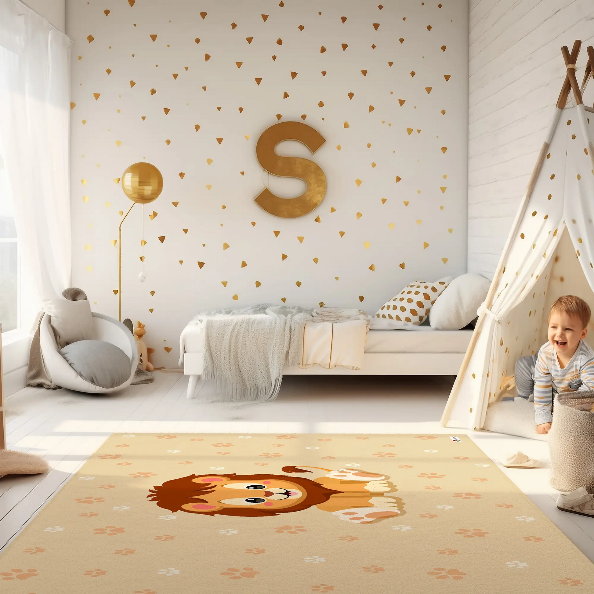 Kinderteppich "Leon Löwe" von spielzwerg. Ambientebild von einem hellen Kinderzimmer mit weißem Holzboden und weißen Wänden, dekoriert mit goldenen Dreiecken und einem großen goldenen Buchstaben 'S'. Links steht ein gemütlicher Sessel mit Kissen und Decke, daneben eine goldene Stehlampe. In der Mitte liegt der Teppich. Rechts sitzt ein lachender Junge in einem weißen Spielzelt mit goldenen Punkten. Im Hintergrund ein schlichtes Bett mit weißer Decke und goldenen Akzenten. RUG-00150-XL, RUG-00150-L.