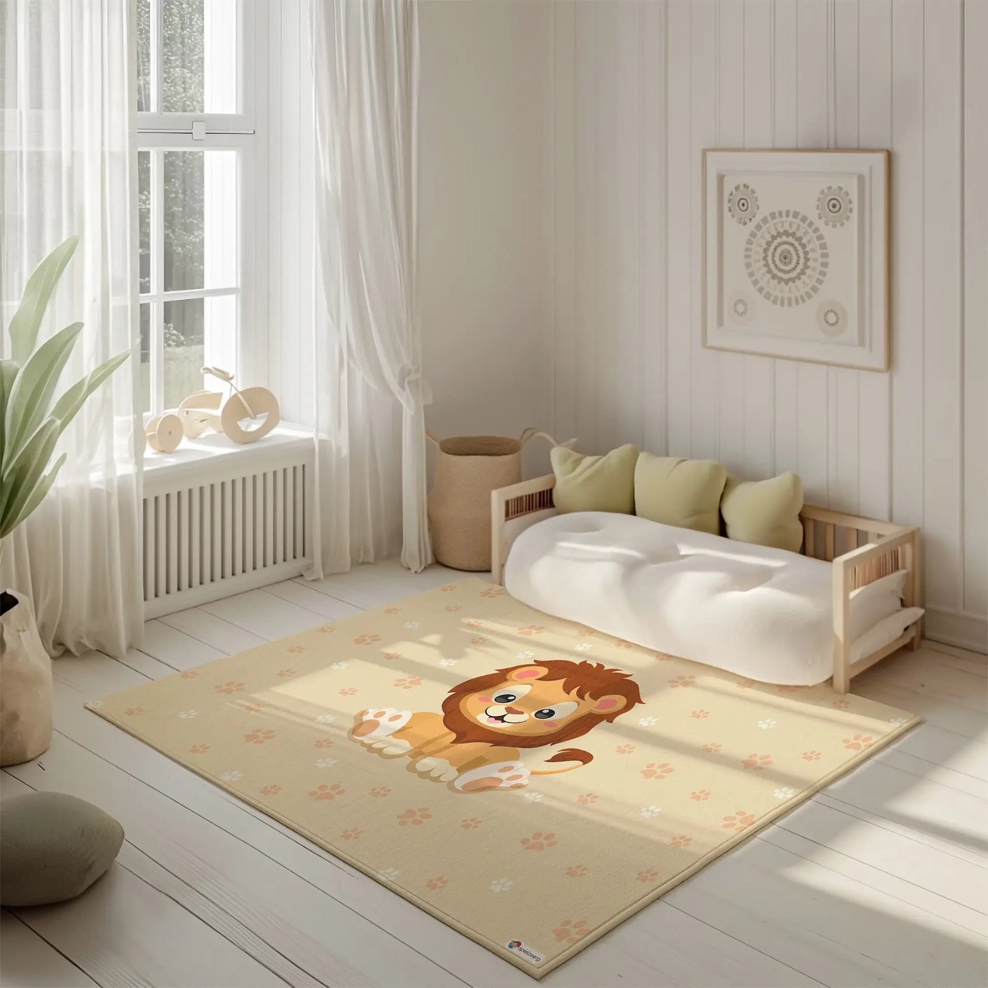 Kinderteppich "Leon Löwe" von spielzwerg. Ambientebild von einem hellen, freundlichen Kinderzimmer mit weißen Holzwänden und hellem Holzboden. In der Ecke steht ein niedriges Holzbett mit weißen Decken und hellgrünen Kissen. Davor liegt der Teppich. Links steht ein kleines Holzspielzeugrad am Fenster mit weißen Vorhängen. An der Wand hängt ein gerahmtes Bild mit einem dezenten, kreisförmigen Muster. RUG-00150-XL, RUG-00150-L.
