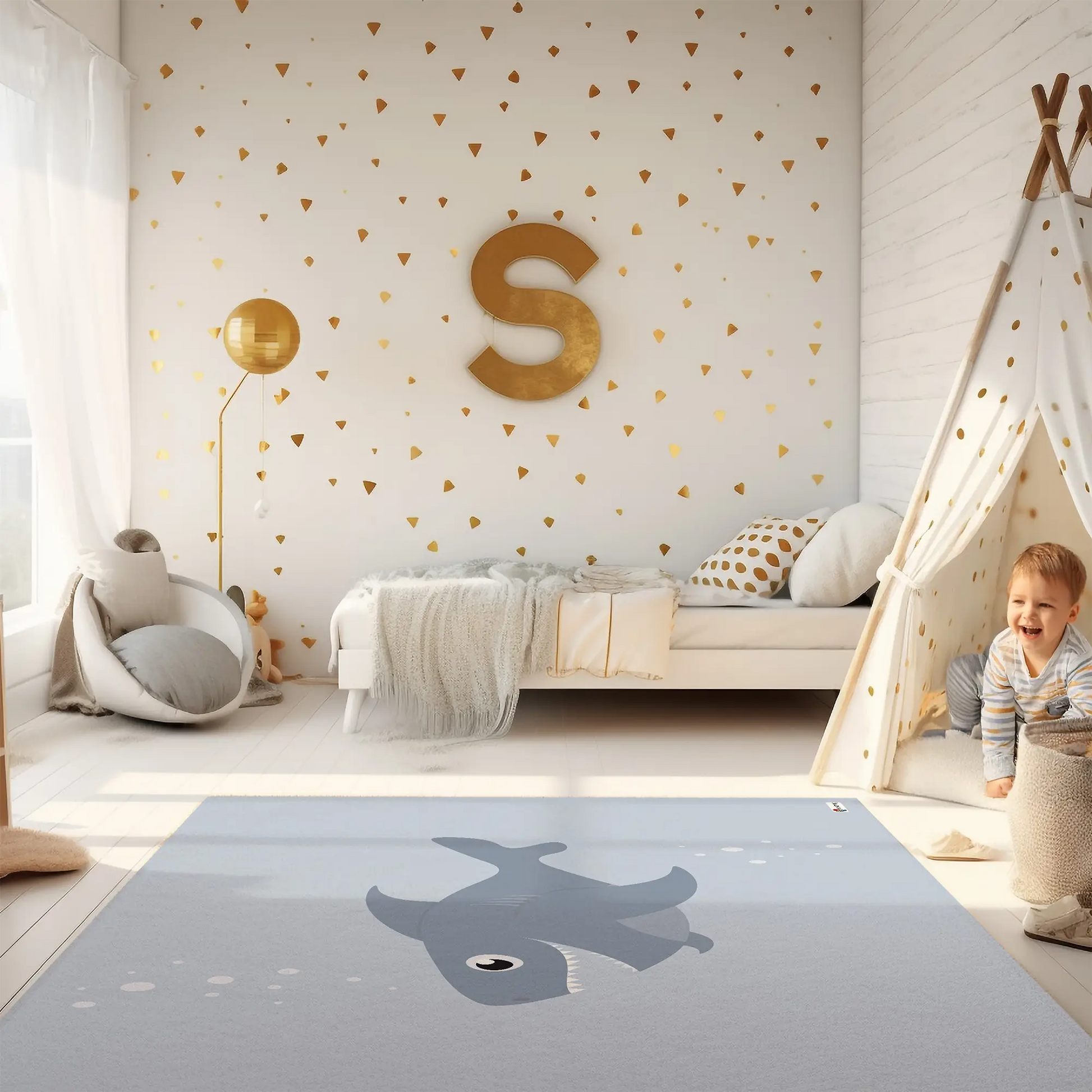 Kinderteppich "Süßer Hai" von spielzwerg. Ambientebild von einem hellen Kinderzimmer mit weißem Holzboden und weißen Wänden, dekoriert mit goldenen Dreiecken und einem großen goldenen Buchstaben 'S'. Links steht ein gemütlicher Sessel mit Kissen und Decke, daneben eine goldene Stehlampe. In der Mitte liegt der Teppich. Rechts sitzt ein lachender Junge in einem weißen Spielzelt mit goldenen Punkten. Im Hintergrund ein schlichtes Bett mit weißer Decke und goldenen Akzenten. RUG-00195-XL, RUG-00195-L.